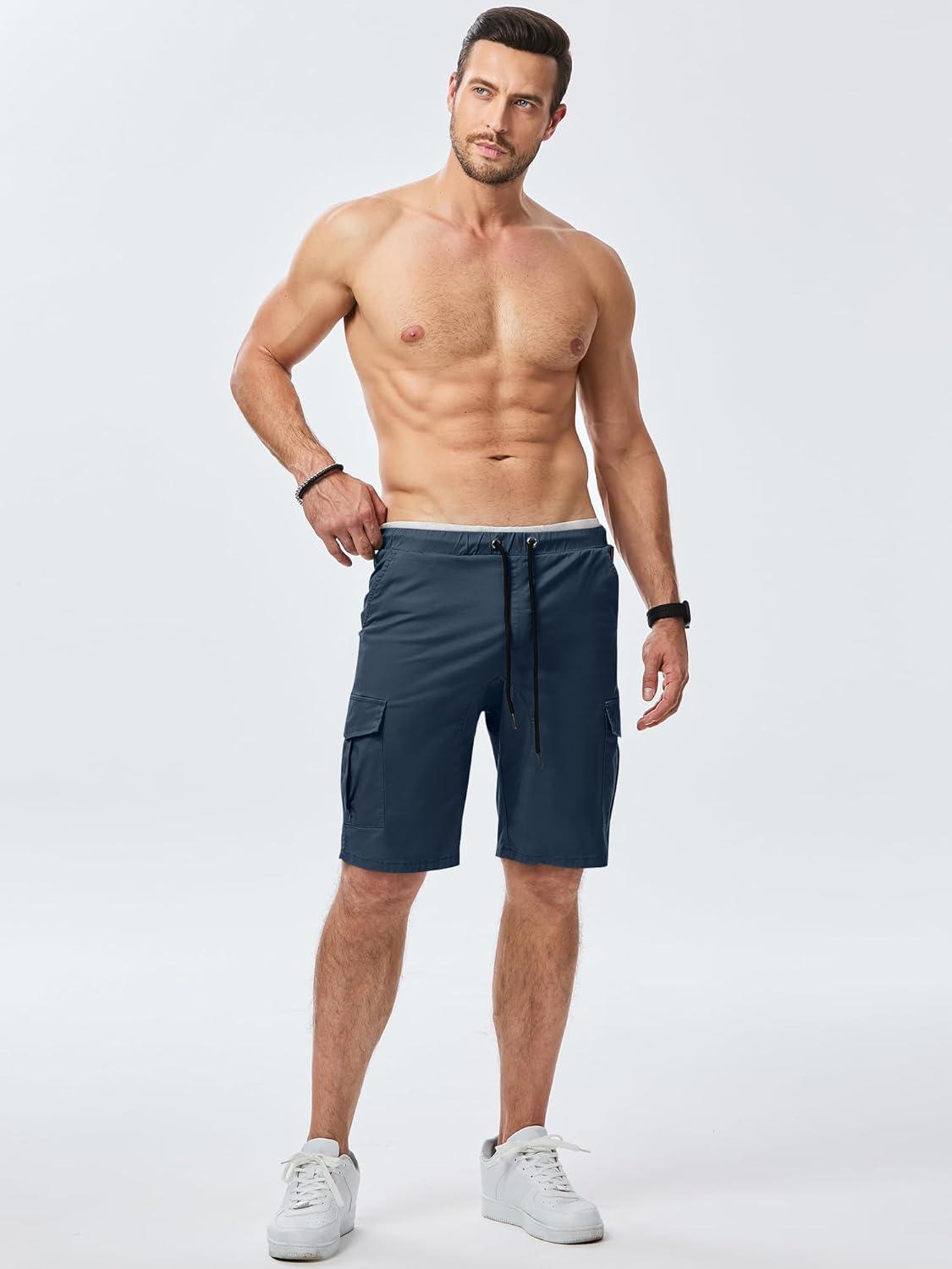 imageJMIERR Mens Casual Cargo Shorts Cotton Drawstring Stretch Summer Beach Shorts Twill Chino Short with 6 PocketsA Blue2