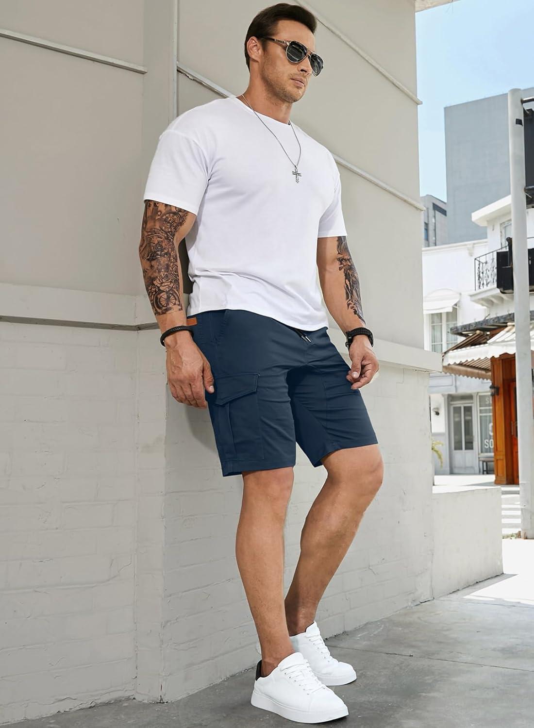 imageJMIERR Mens Casual Cargo Shorts Cotton Drawstring Stretch Summer Beach Shorts Twill Chino Short with 6 PocketsA Blue2