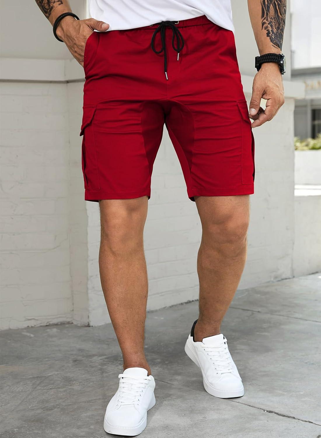 imageJMIERR Mens Casual Cargo Shorts Cotton Drawstring Stretch Summer Beach Shorts Twill Chino Short with 6 PocketsA Red