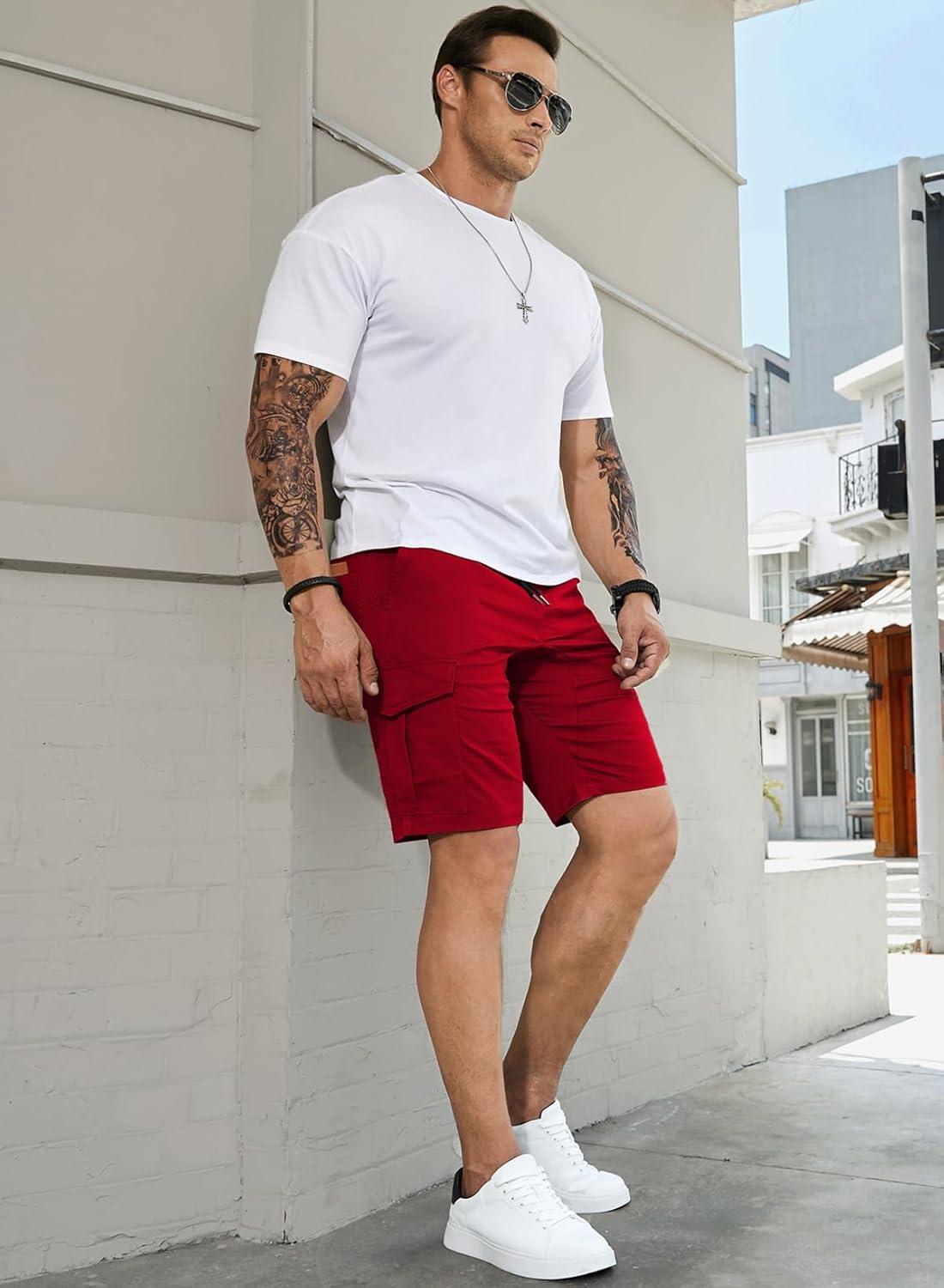 imageJMIERR Mens Casual Cargo Shorts Cotton Drawstring Stretch Summer Beach Shorts Twill Chino Short with 6 PocketsA Red