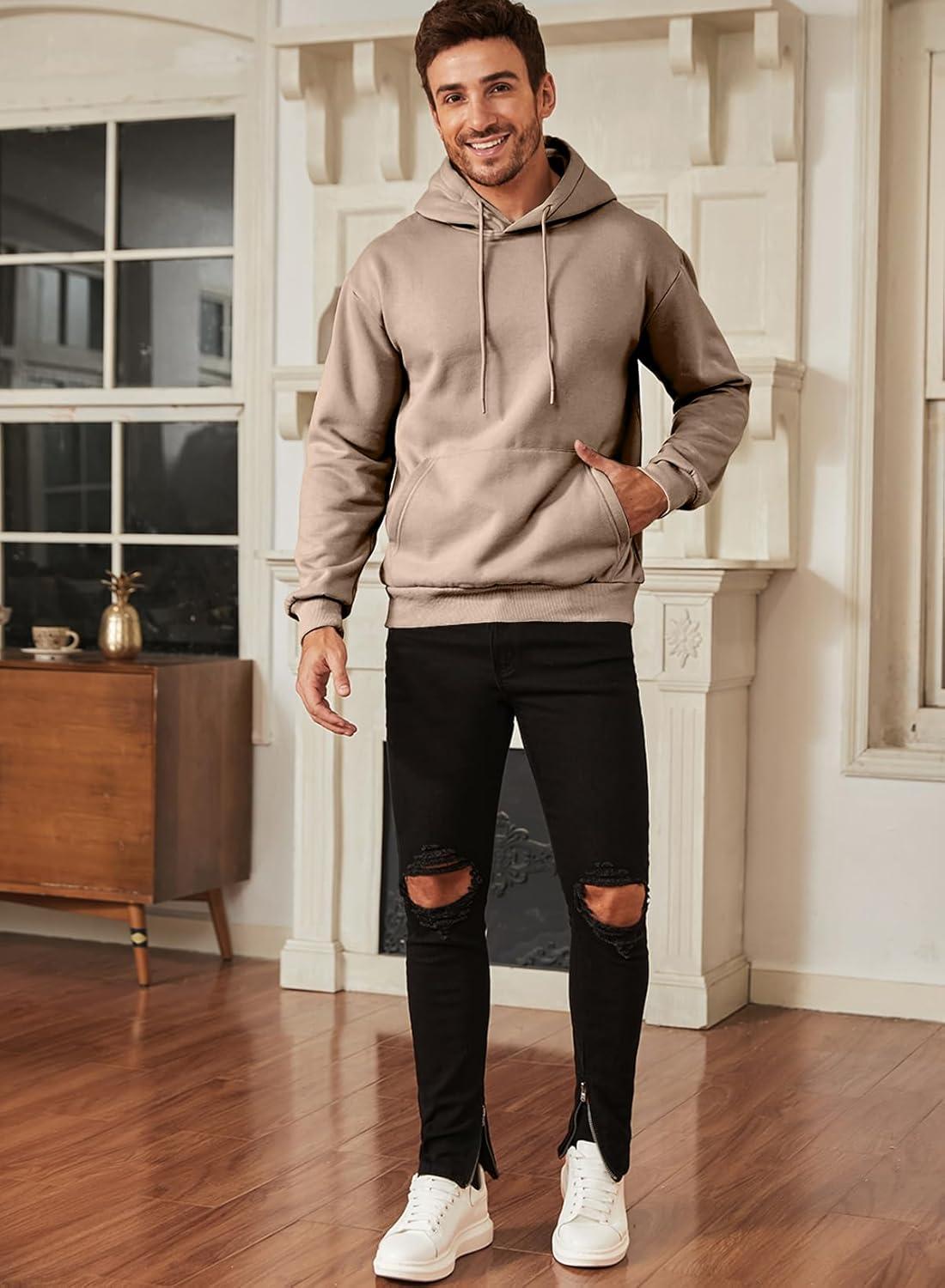 imageJMIERR Mens Casual Cotton Hooded Collar Drawstring Hoodies Pullover Sweatshirts Casual Long Sleeve ShirtsParchment