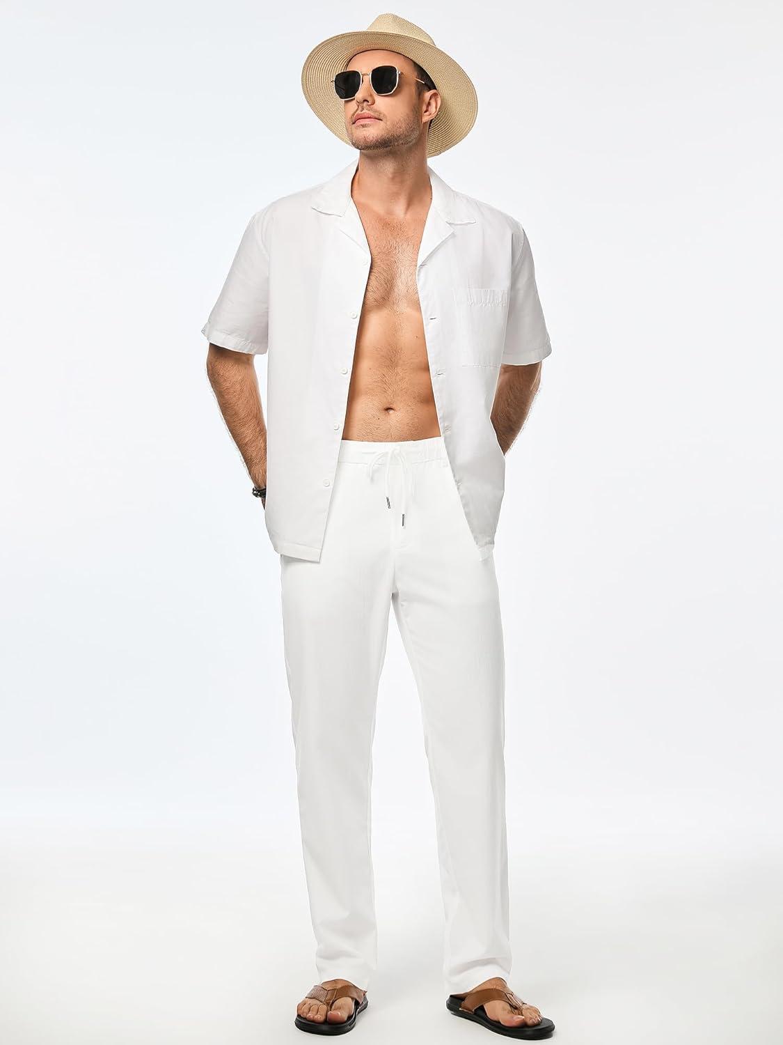 imageJMIERR Mens Casual Drawstring Pants Elastic Waist Lightweight Pant Summer Beach Trouser with PocketsA White