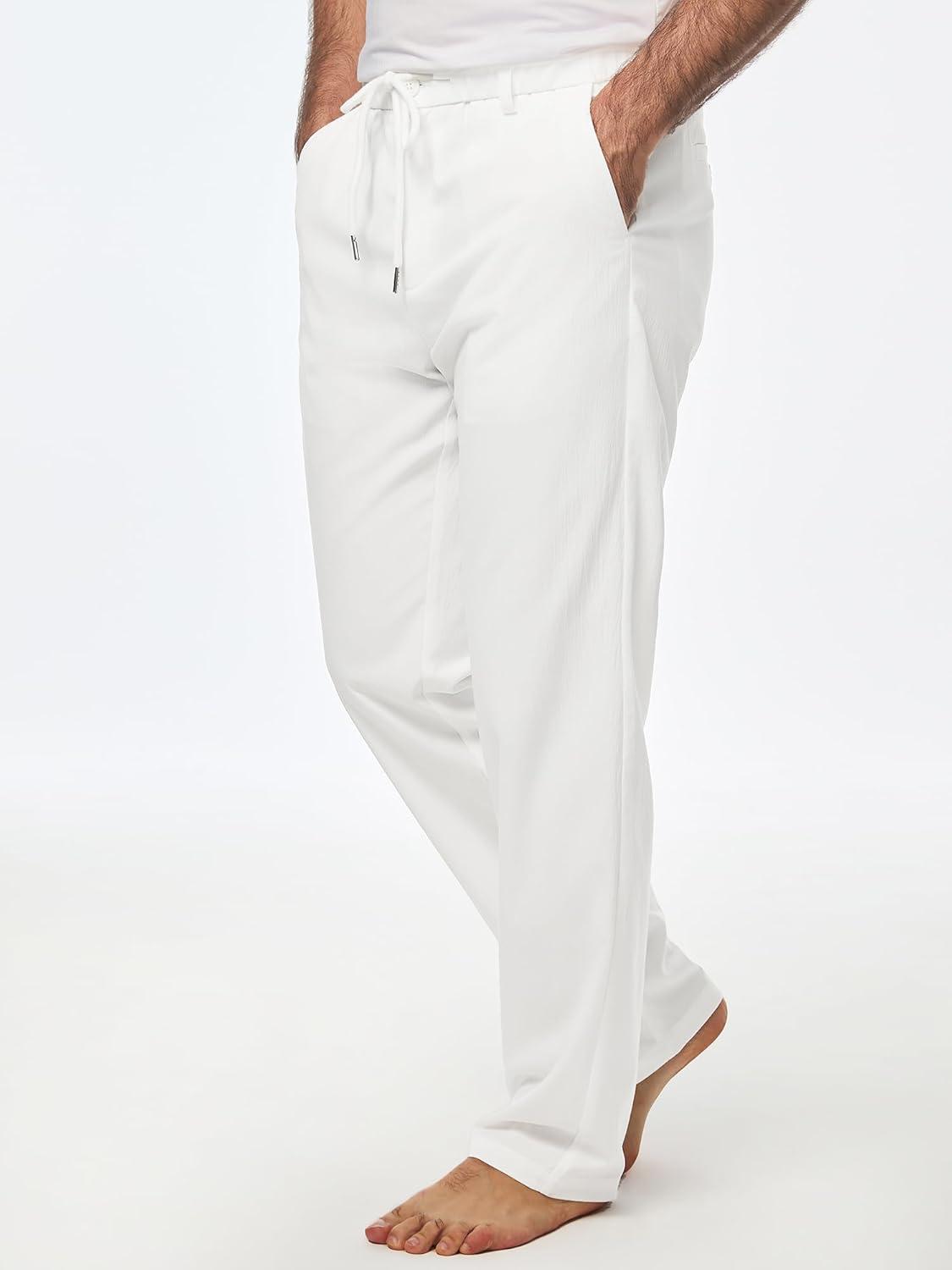 imageJMIERR Mens Casual Drawstring Pants Elastic Waist Lightweight Pant Summer Beach Trouser with PocketsA White