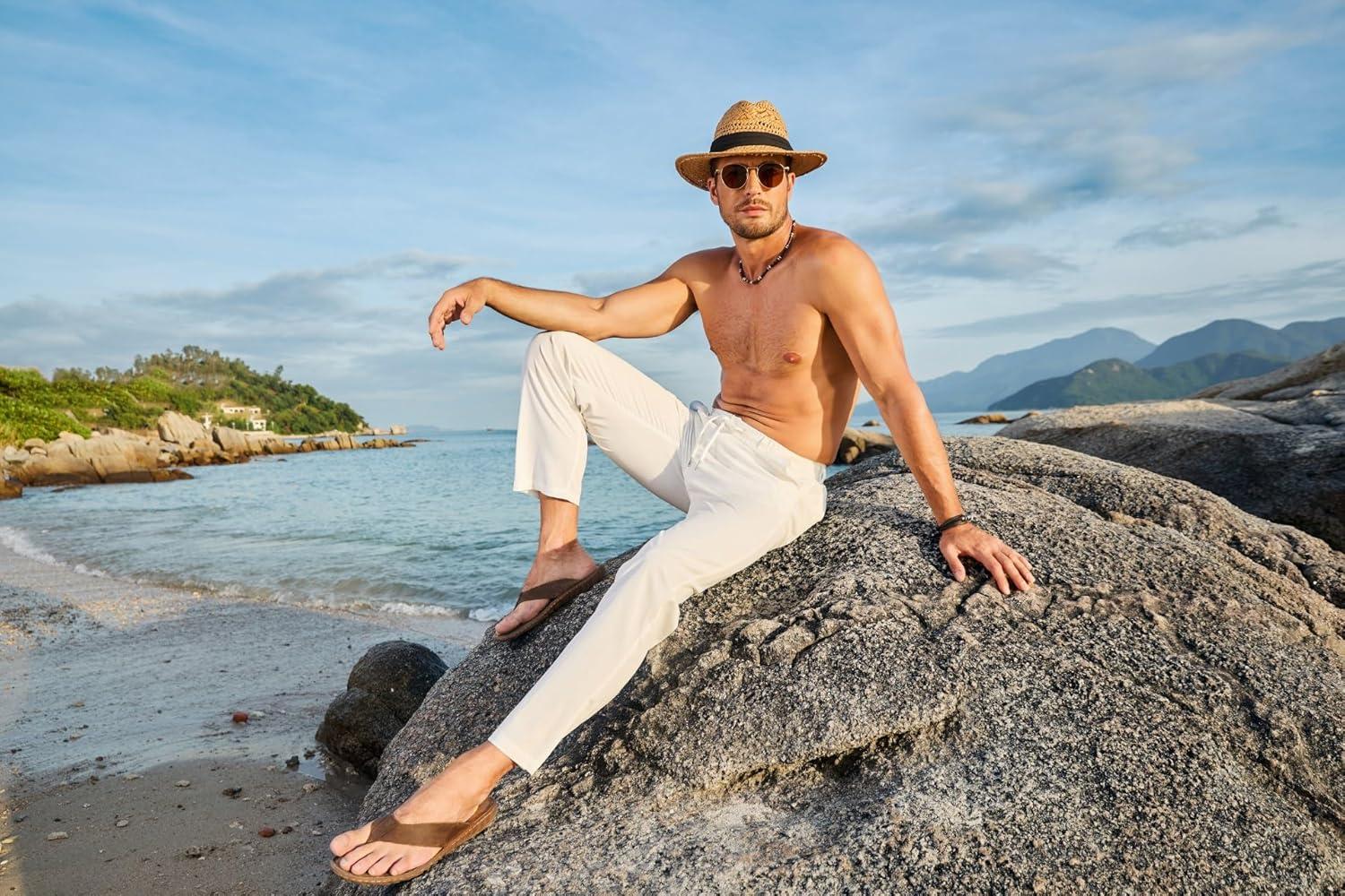 imageJMIERR Mens Casual Drawstring Pants Elastic Waist Lightweight Pant Summer Beach Trouser with PocketsA White