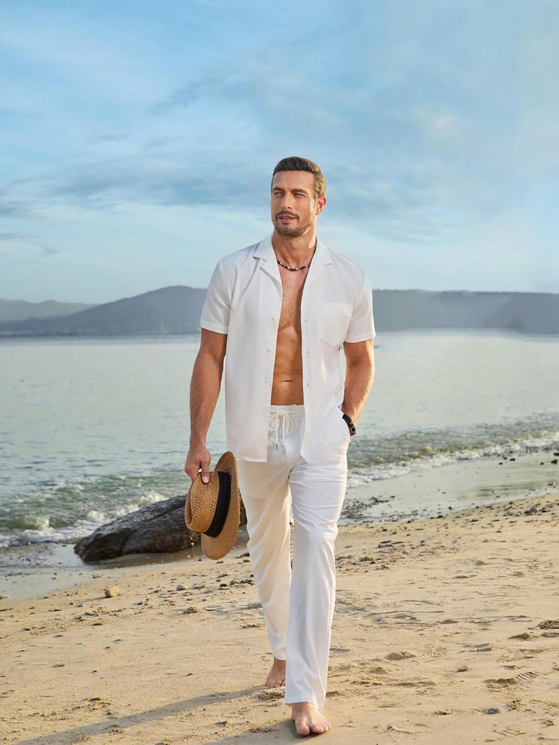 imageJMIERR Mens Casual Drawstring Pants Elastic Waist Lightweight Pant Summer Beach Trouser with PocketsA White