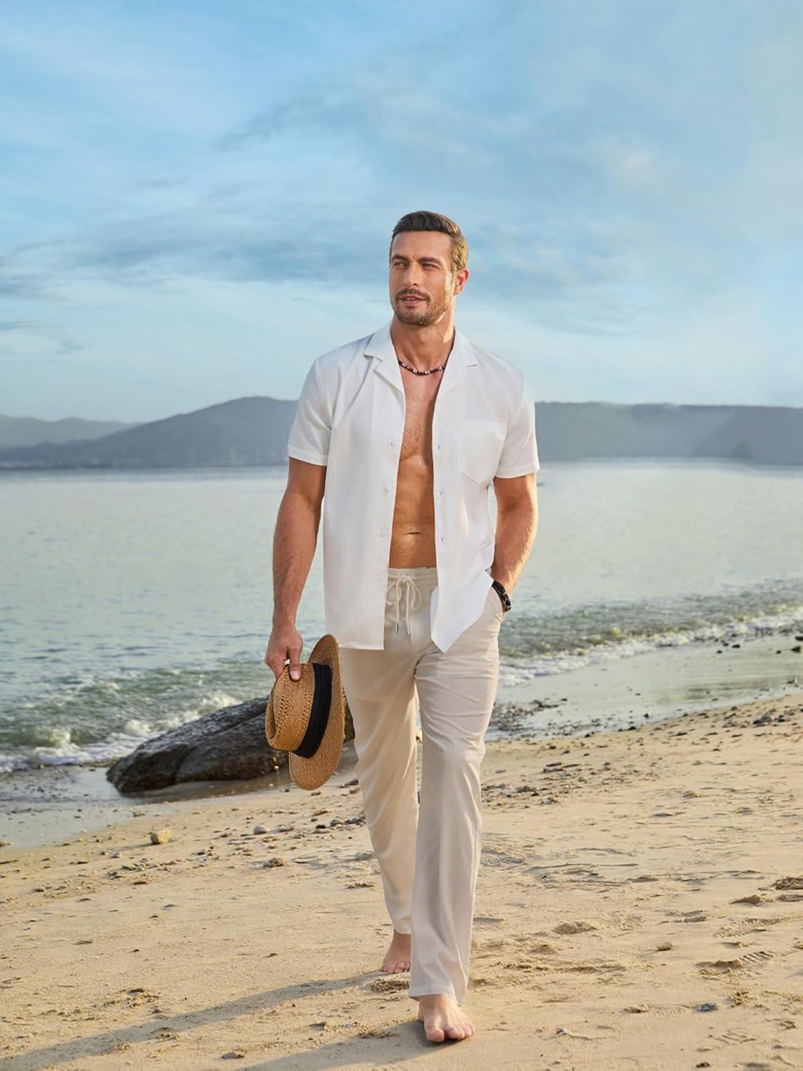 imageJMIERR Mens Casual Drawstring Pants Elastic Waist Lightweight Pant Summer Beach Trouser with PocketsB Apricot