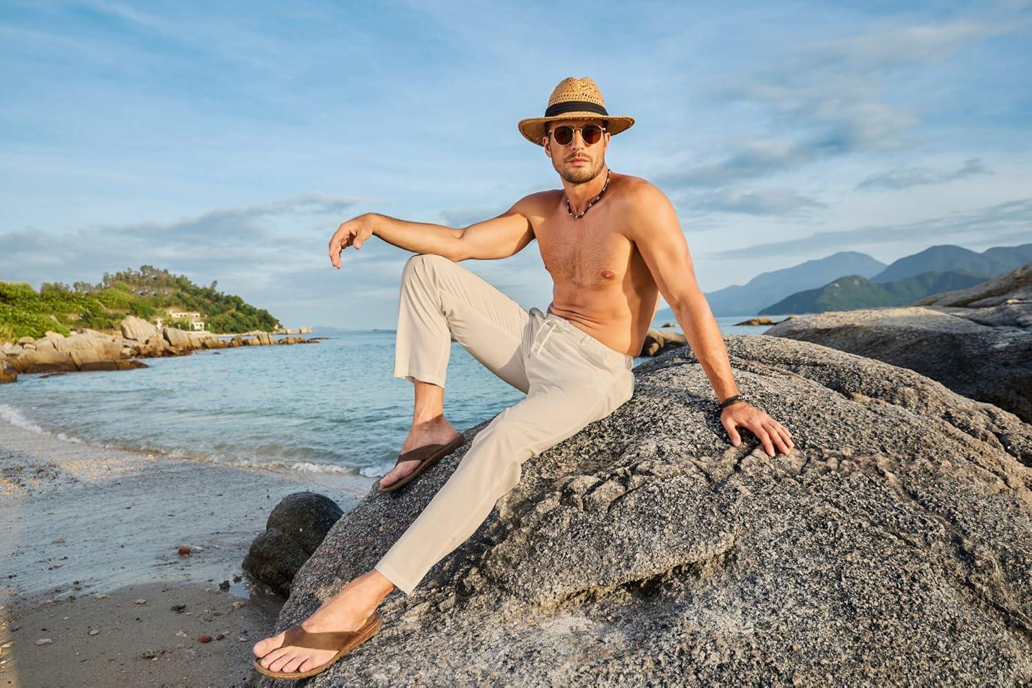 imageJMIERR Mens Casual Drawstring Pants Elastic Waist Lightweight Pant Summer Beach Trouser with PocketsB Apricot