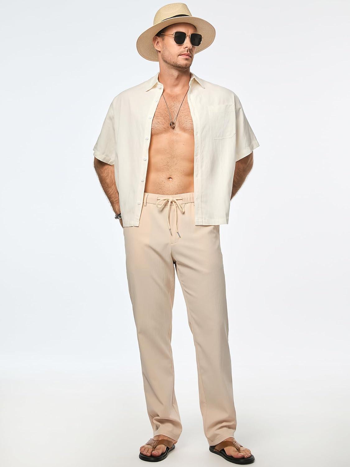 imageJMIERR Mens Casual Drawstring Pants Elastic Waist Lightweight Pant Summer Beach Trouser with PocketsB Apricot