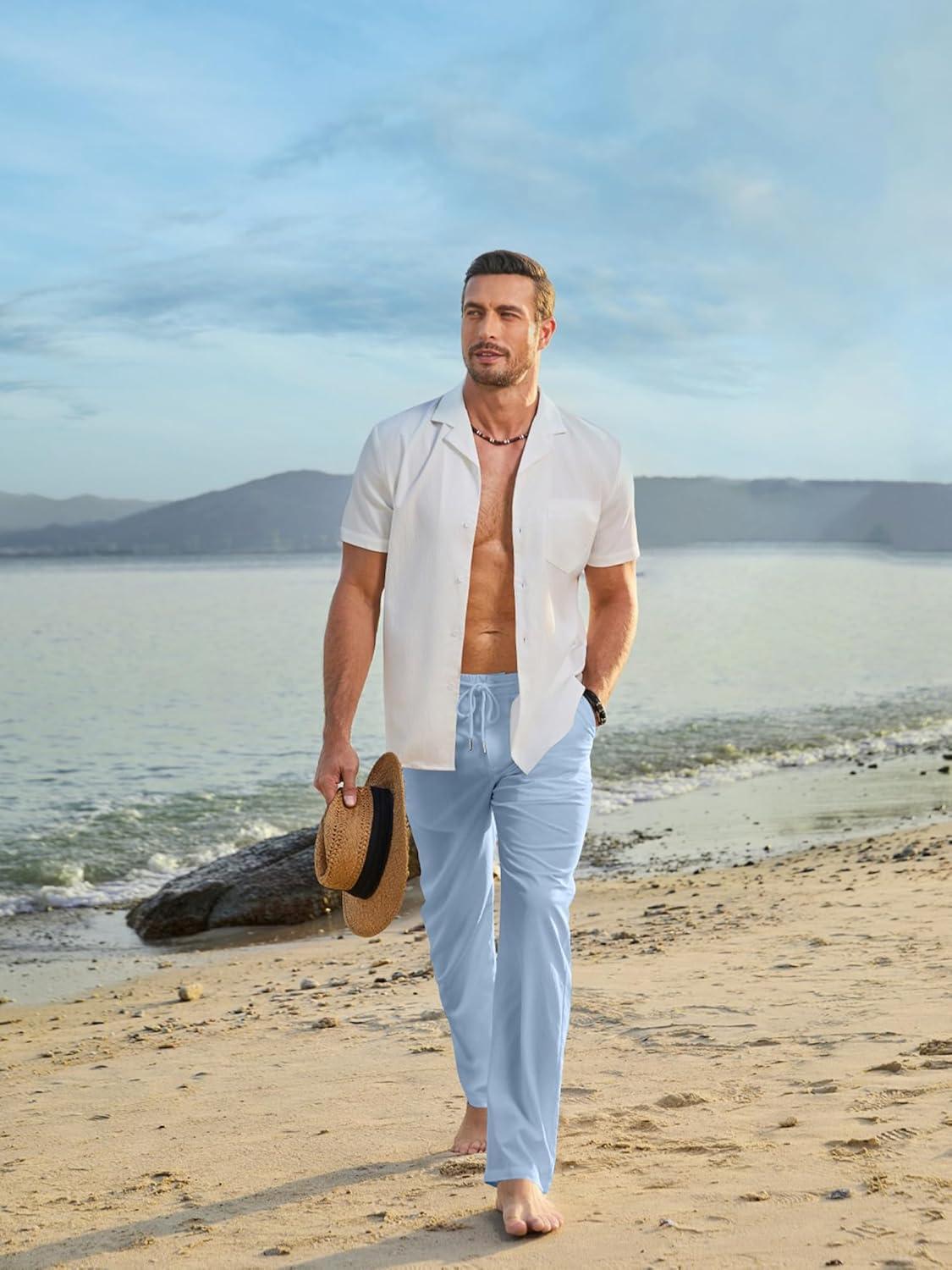 imageJMIERR Mens Casual Drawstring Pants Elastic Waist Lightweight Pant Summer Beach Trouser with PocketsBeau Blue