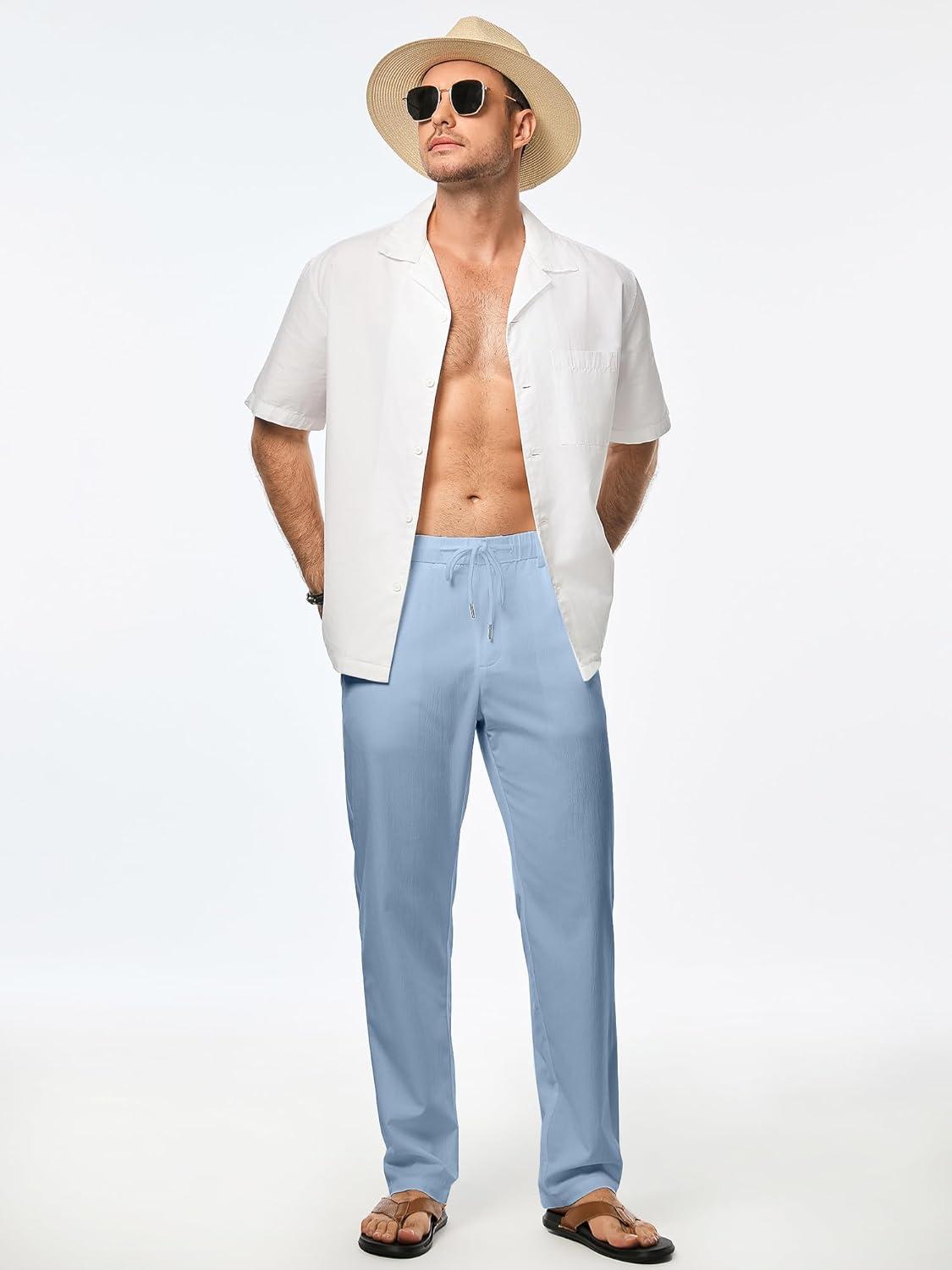 imageJMIERR Mens Casual Drawstring Pants Elastic Waist Lightweight Pant Summer Beach Trouser with PocketsBeau Blue