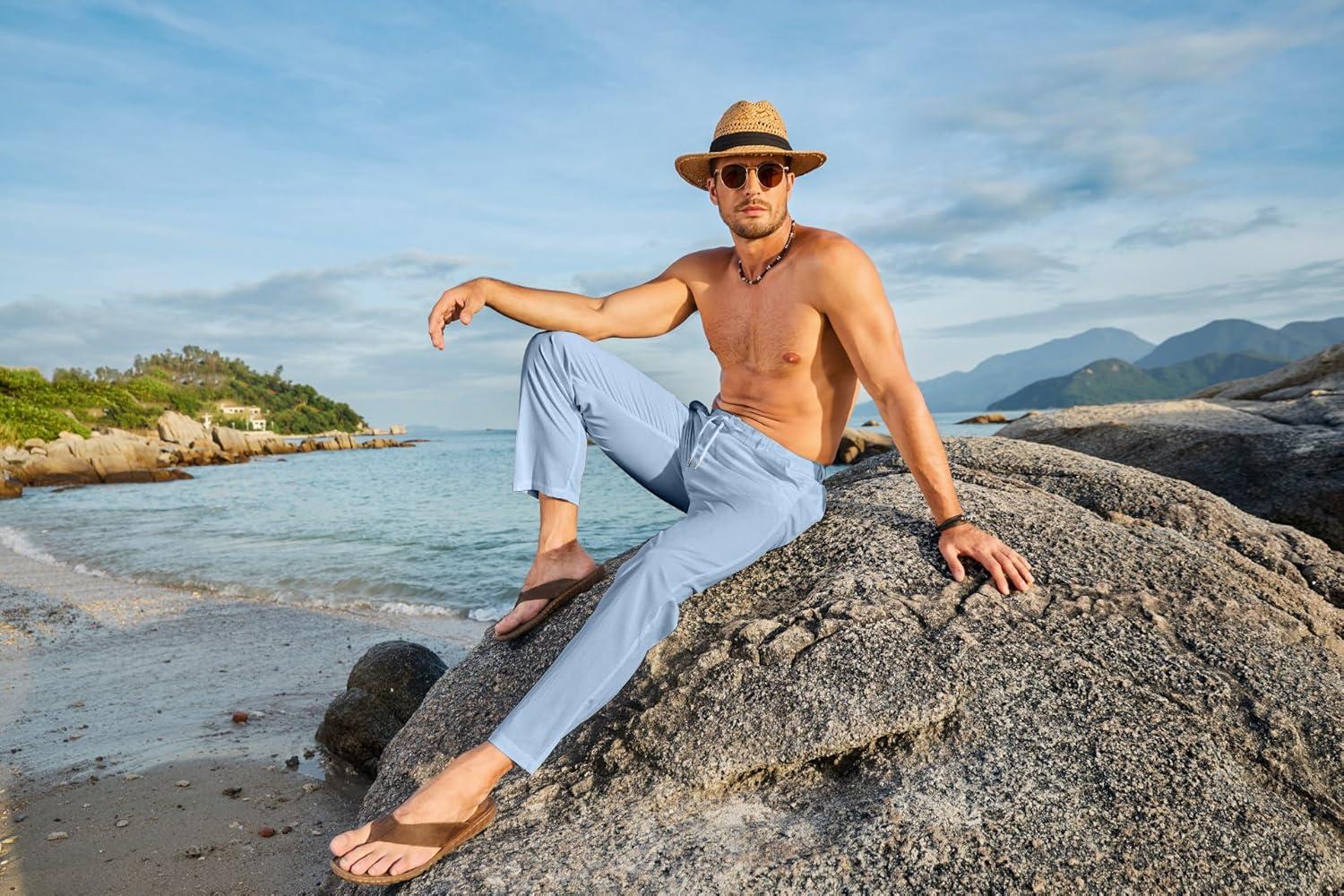 imageJMIERR Mens Casual Drawstring Pants Elastic Waist Lightweight Pant Summer Beach Trouser with PocketsBeau Blue