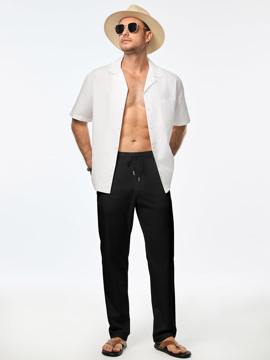 imageJMIERR Mens Casual Drawstring Pants Elastic Waist Lightweight Pant Summer Beach Trouser with PocketsBlack