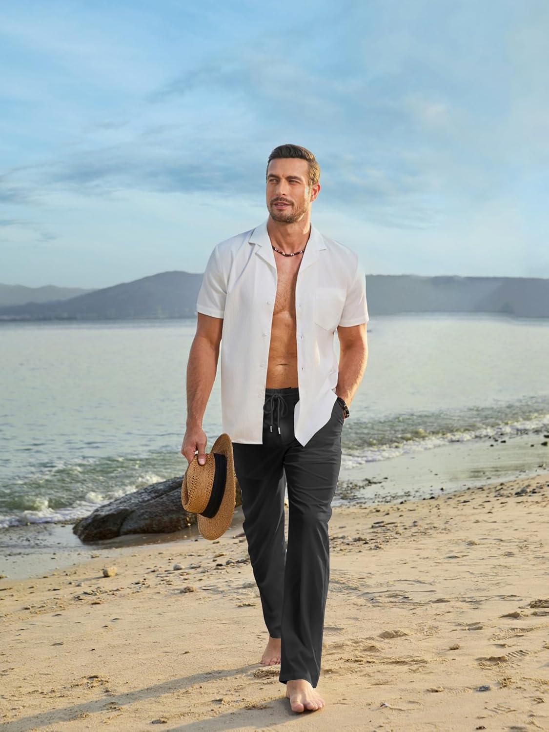 imageJMIERR Mens Casual Drawstring Pants Elastic Waist Lightweight Pant Summer Beach Trouser with PocketsBlack