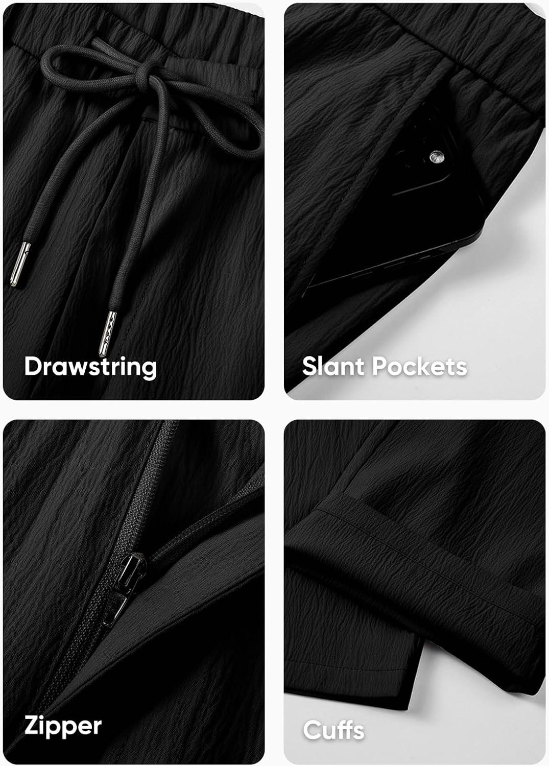imageJMIERR Mens Casual Drawstring Pants Elastic Waist Lightweight Pant Summer Beach Trouser with PocketsBlack