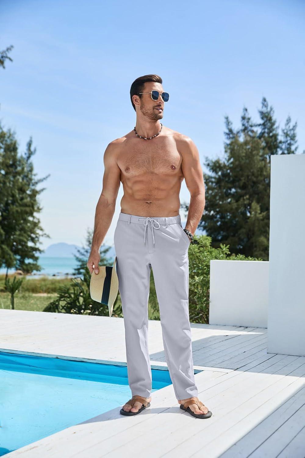 imageJMIERR Mens Casual Drawstring Pants Elastic Waist Lightweight Pant Summer Beach Trouser with PocketsBluish Gray