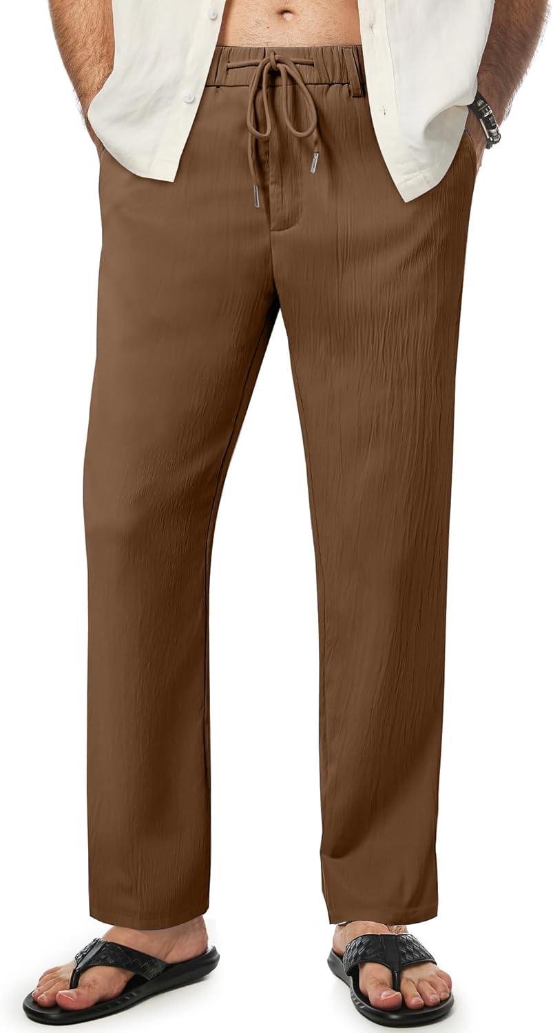 imageJMIERR Mens Casual Drawstring Pants Elastic Waist Lightweight Pant Summer Beach Trouser with PocketsBrown