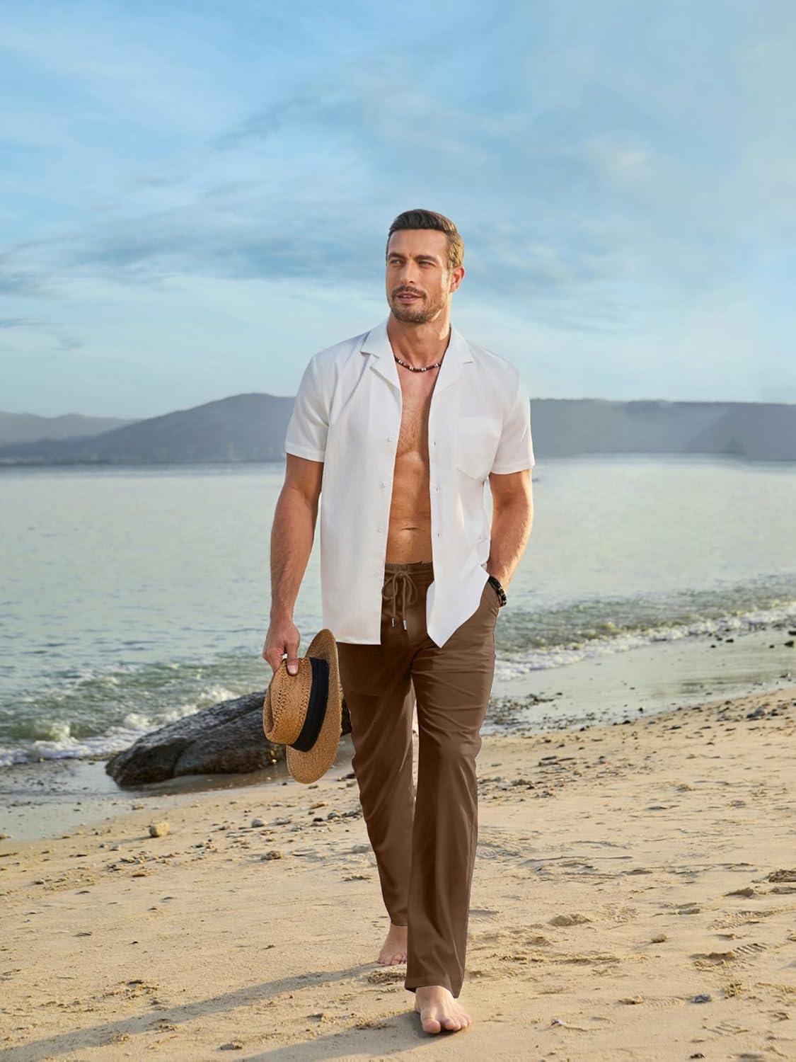 imageJMIERR Mens Casual Drawstring Pants Elastic Waist Lightweight Pant Summer Beach Trouser with PocketsBrown