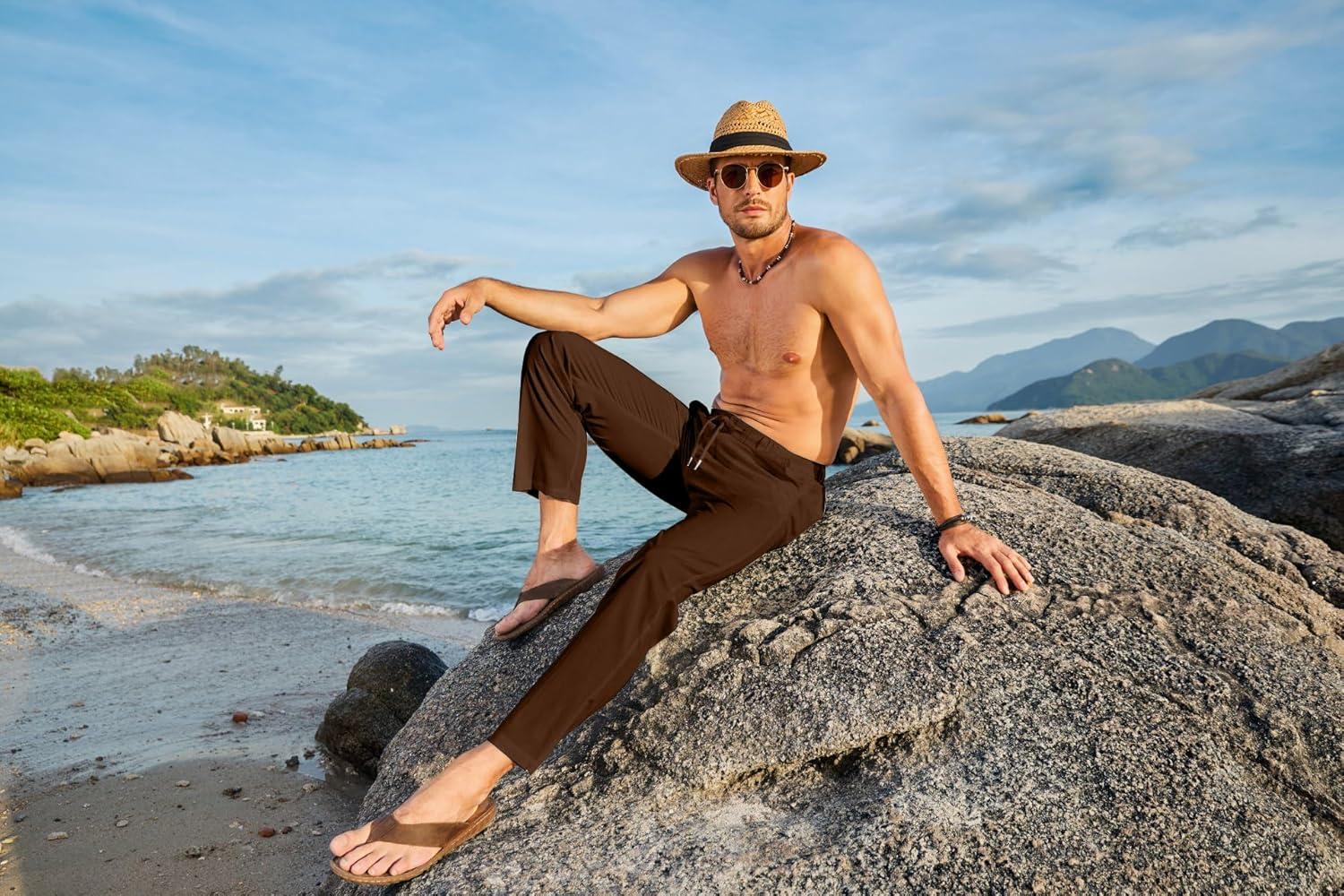 imageJMIERR Mens Casual Drawstring Pants Elastic Waist Lightweight Pant Summer Beach Trouser with PocketsCoffee