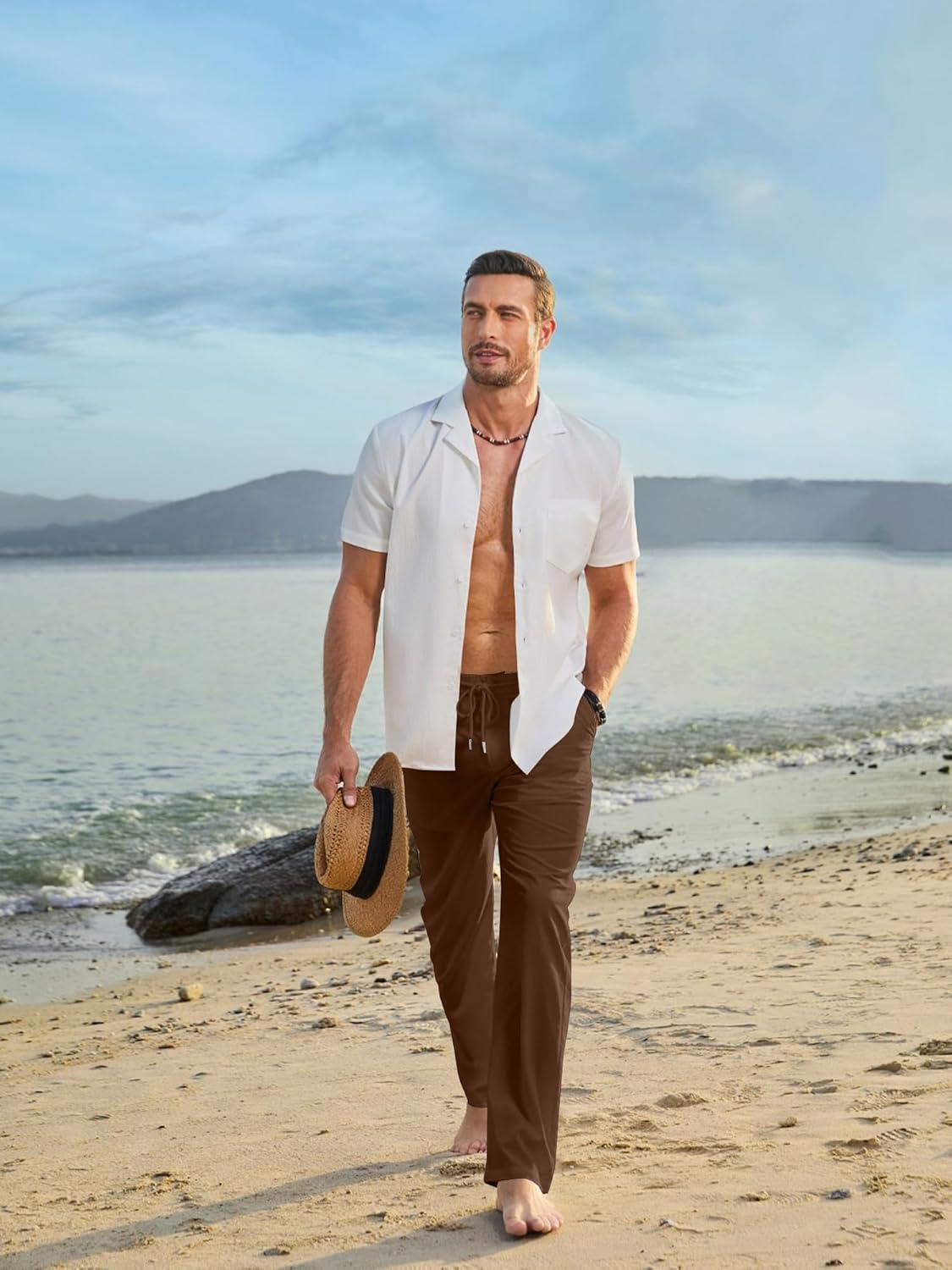 imageJMIERR Mens Casual Drawstring Pants Elastic Waist Lightweight Pant Summer Beach Trouser with PocketsCoffee