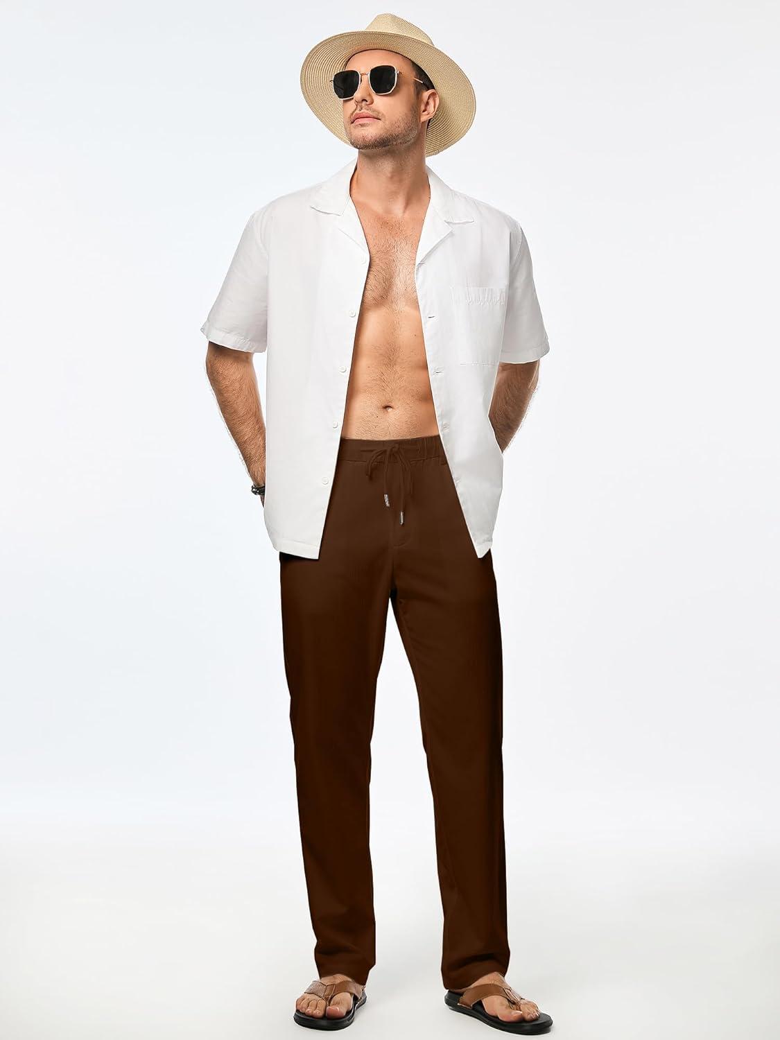 imageJMIERR Mens Casual Drawstring Pants Elastic Waist Lightweight Pant Summer Beach Trouser with PocketsCoffee