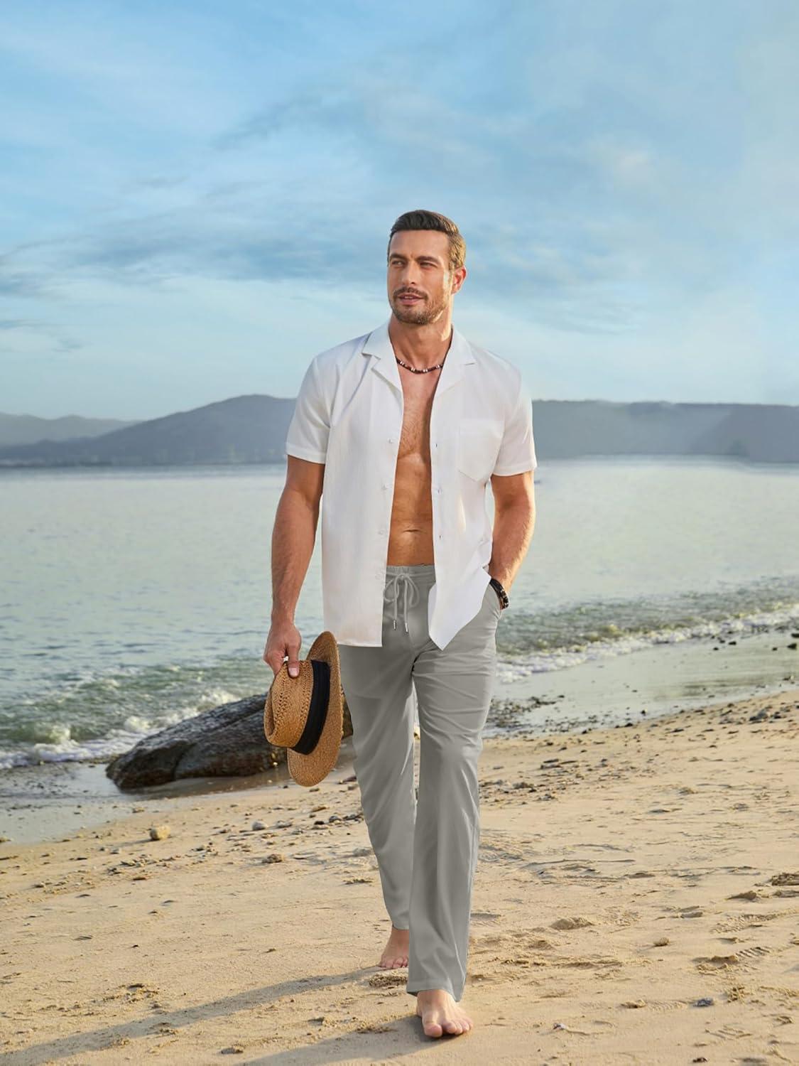 imageJMIERR Mens Casual Drawstring Pants Elastic Waist Lightweight Pant Summer Beach Trouser with PocketsGray