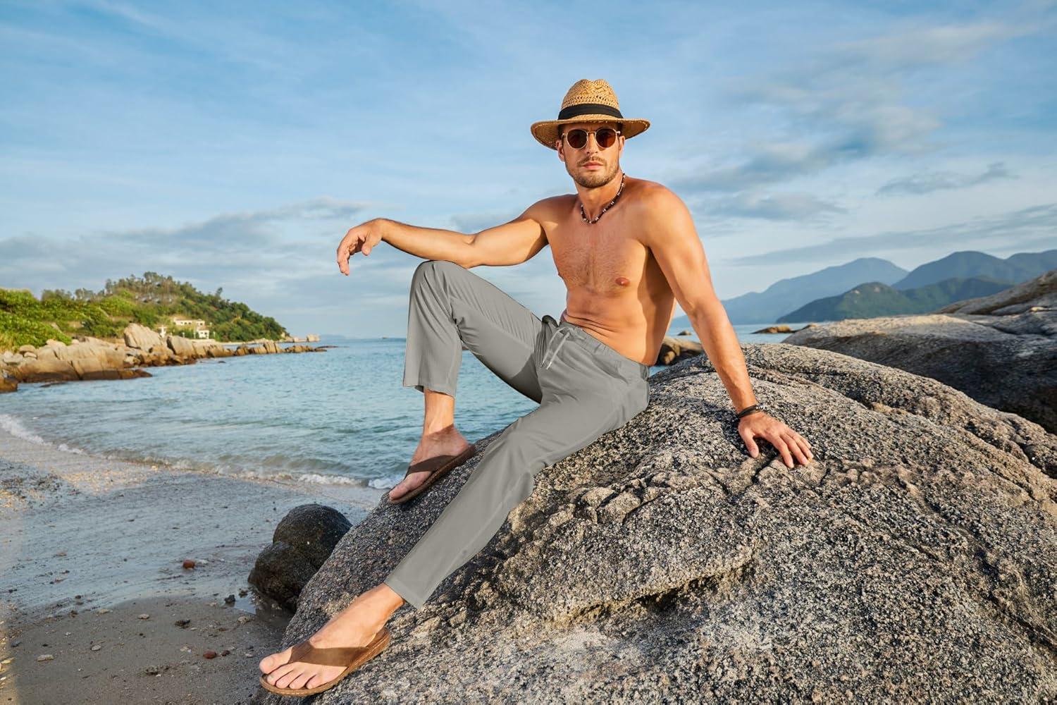 imageJMIERR Mens Casual Drawstring Pants Elastic Waist Lightweight Pant Summer Beach Trouser with PocketsGray