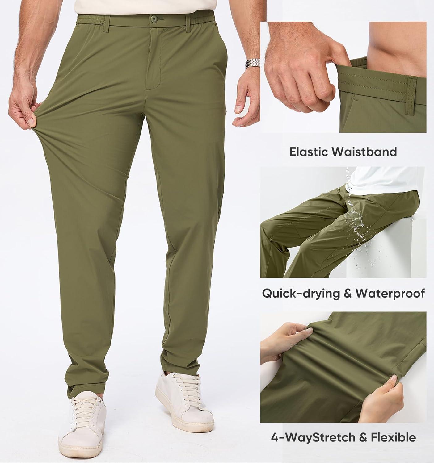 imageJMIERR Mens Casual Elastic Waist Pants Water Resistant QuickDry Lightweight Outdoor Golf Pant with Zipper PocketsOlive Green