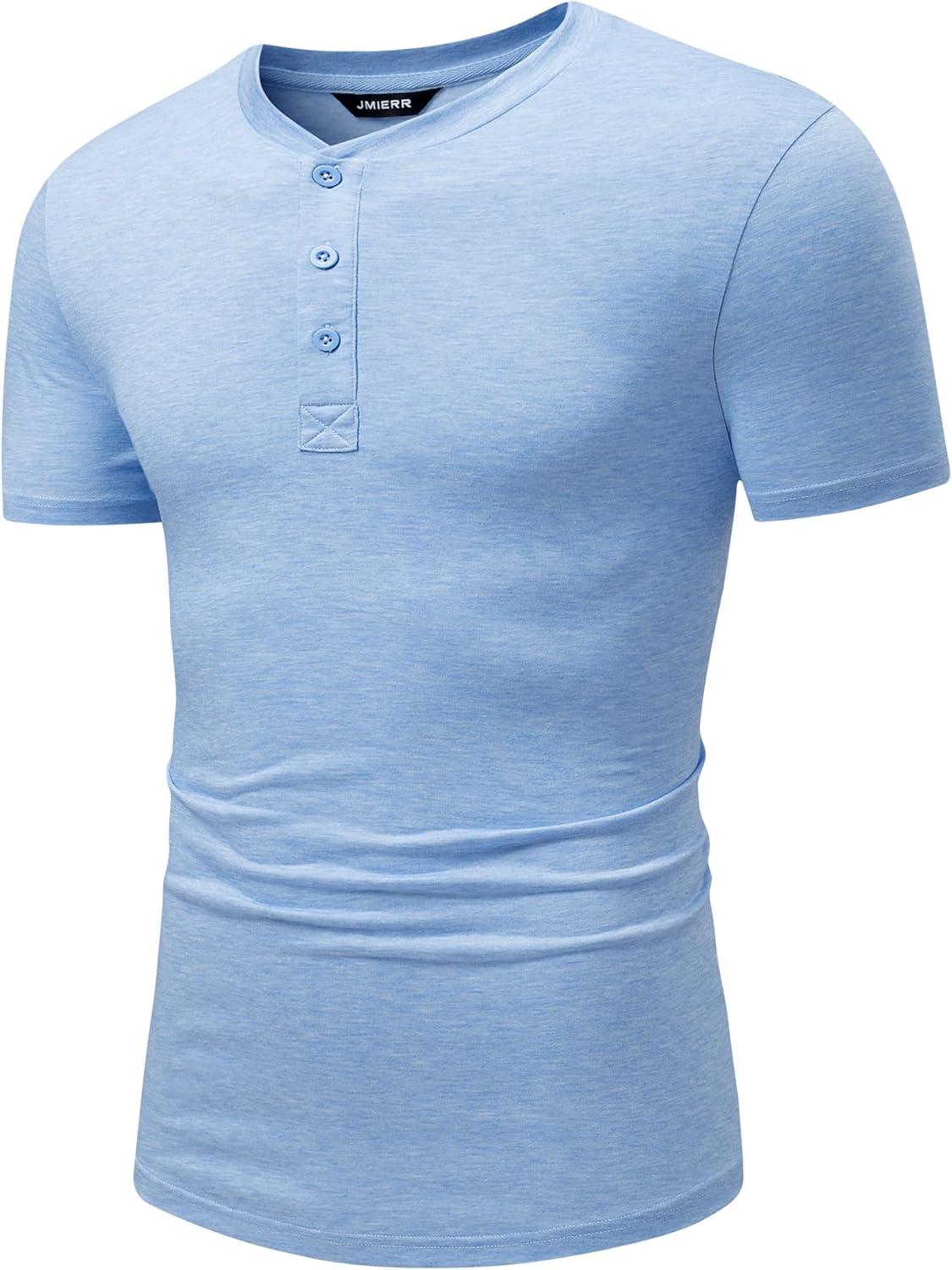 imageJMIERR Mens Casual Henley Shirts Short Sleeve Basic Button Muscle Longline TShirt Gym Workout Athletic Tee01 Blue