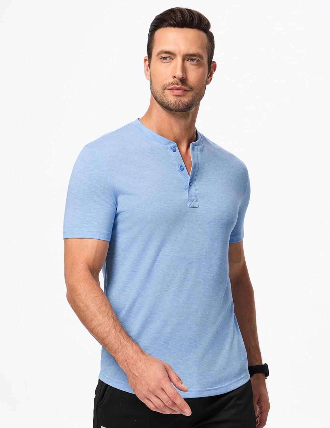 imageJMIERR Mens Casual Henley Shirts Short Sleeve Basic Button Muscle Longline TShirt Gym Workout Athletic Tee01 Blue
