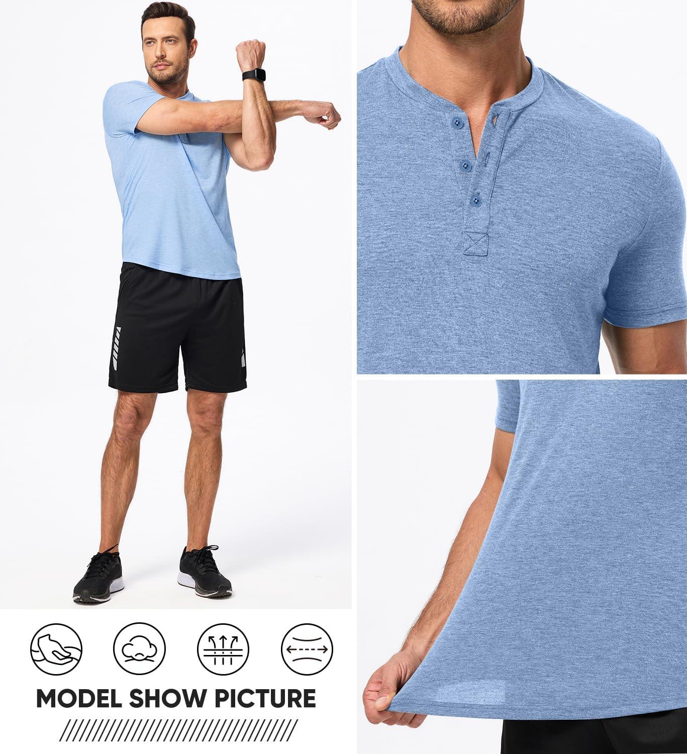 imageJMIERR Mens Casual Henley Shirts Short Sleeve Basic Button Muscle Longline TShirt Gym Workout Athletic Tee01 Blue