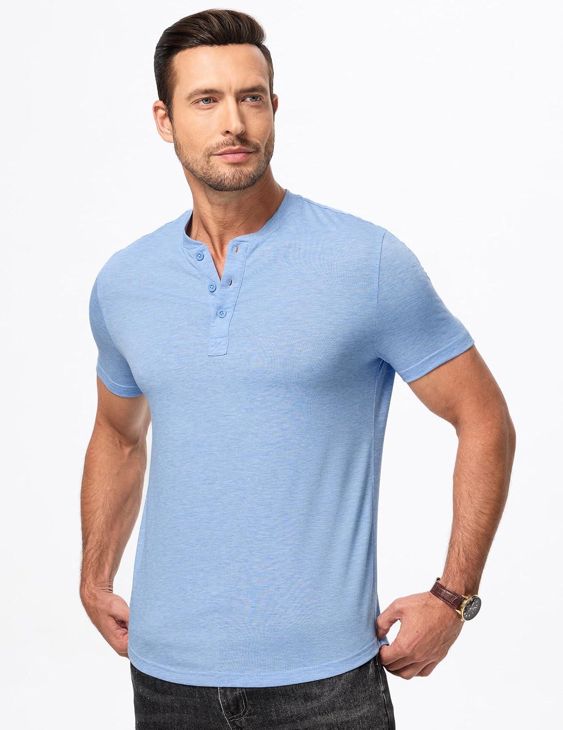 imageJMIERR Mens Casual Henley Shirts Short Sleeve Basic Button Muscle Longline TShirt Gym Workout Athletic Tee01 Blue