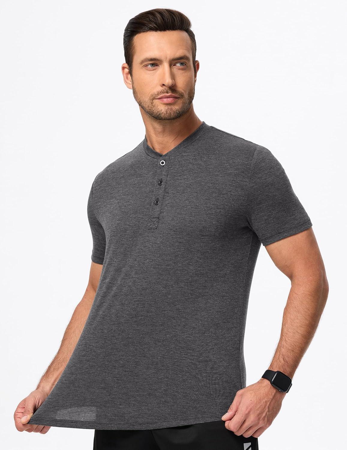 imageJMIERR Mens Casual Henley Shirts Short Sleeve Basic Button Muscle Longline TShirt Gym Workout Athletic TeeDark Grey
