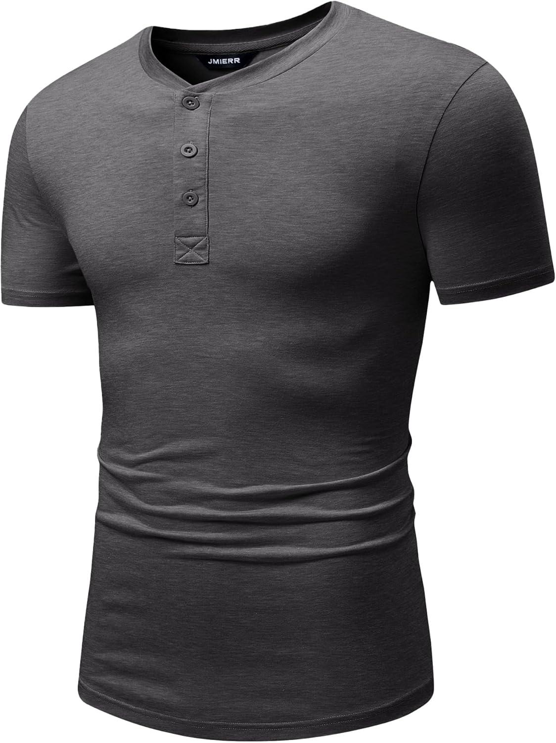 imageJMIERR Mens Casual Henley Shirts Short Sleeve Basic Button Muscle Longline TShirt Gym Workout Athletic TeeDark Grey