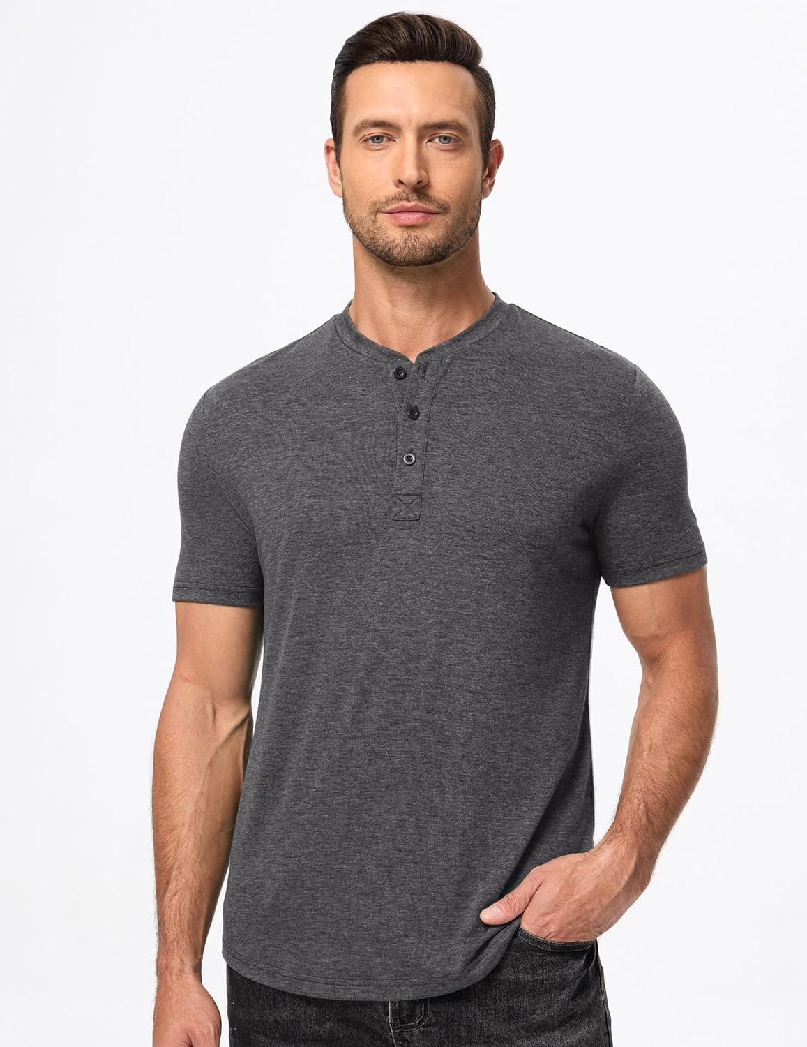 imageJMIERR Mens Casual Henley Shirts Short Sleeve Basic Button Muscle Longline TShirt Gym Workout Athletic TeeDark Grey