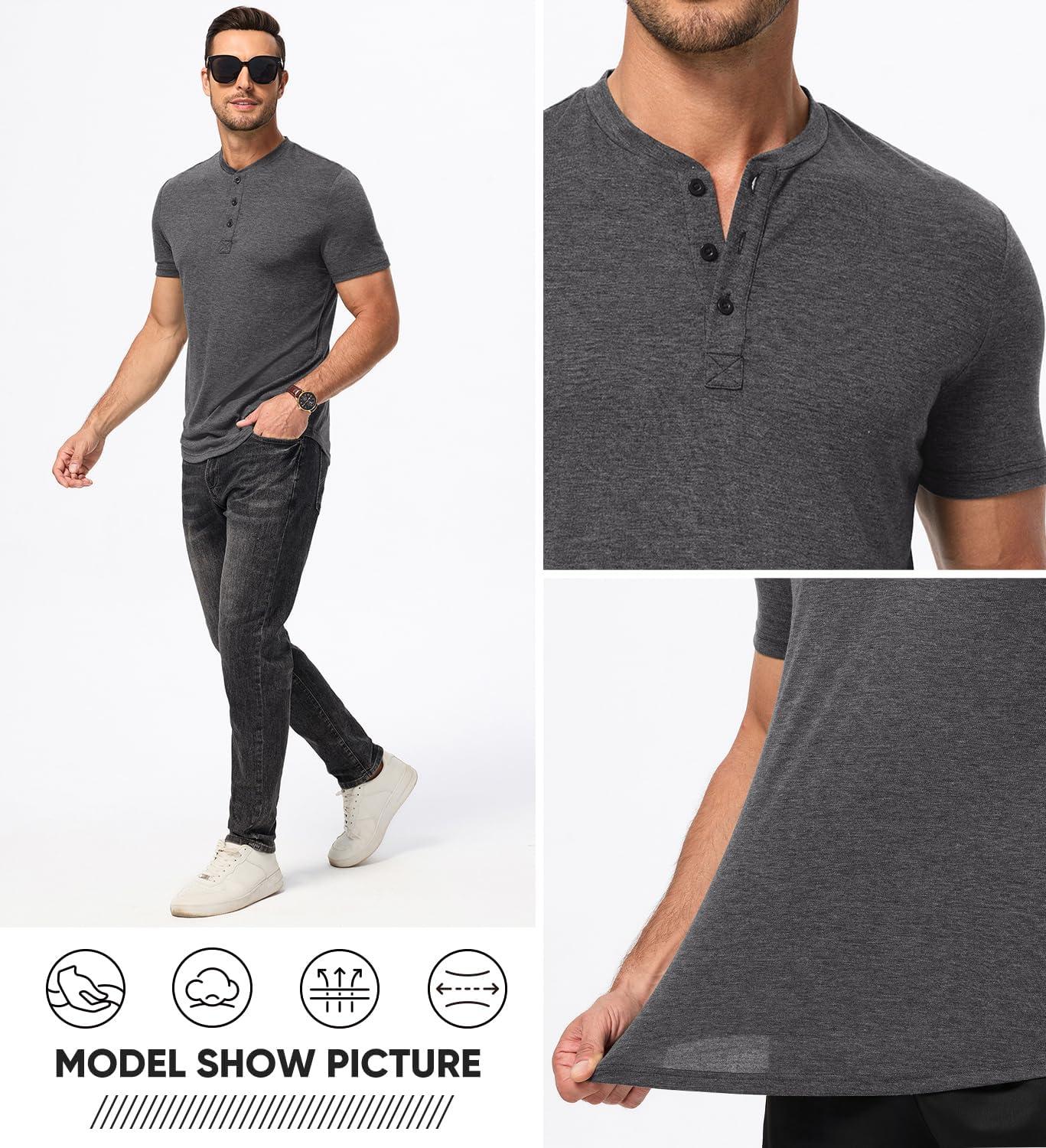 imageJMIERR Mens Casual Henley Shirts Short Sleeve Basic Button Muscle Longline TShirt Gym Workout Athletic TeeDark Grey