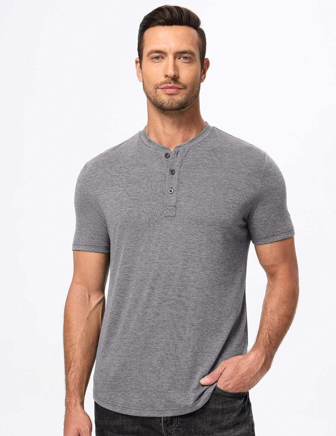 imageJMIERR Mens Casual Henley Shirts Short Sleeve Basic Button Muscle Longline TShirt Gym Workout Athletic TeeGrey