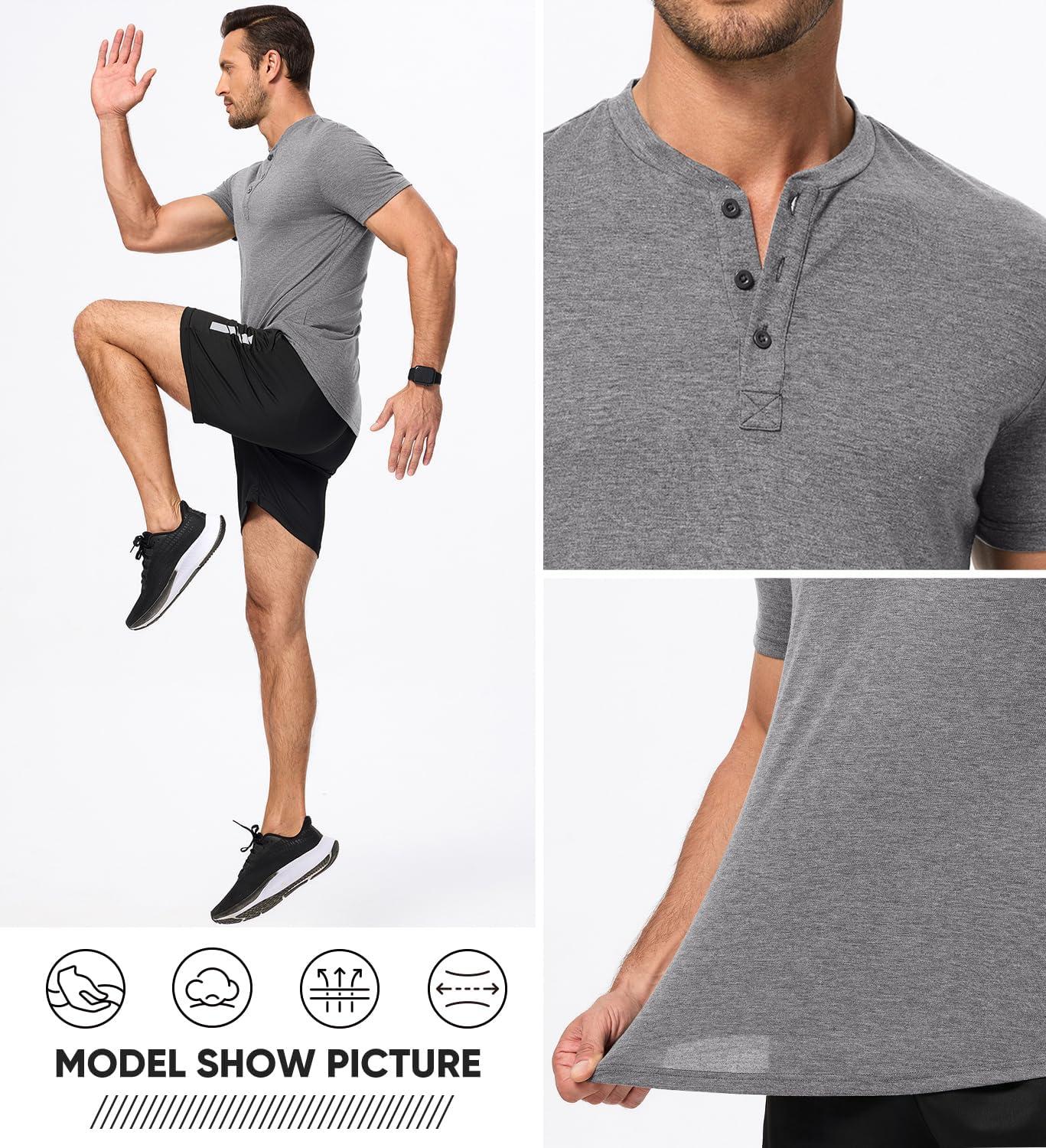 imageJMIERR Mens Casual Henley Shirts Short Sleeve Basic Button Muscle Longline TShirt Gym Workout Athletic TeeGrey