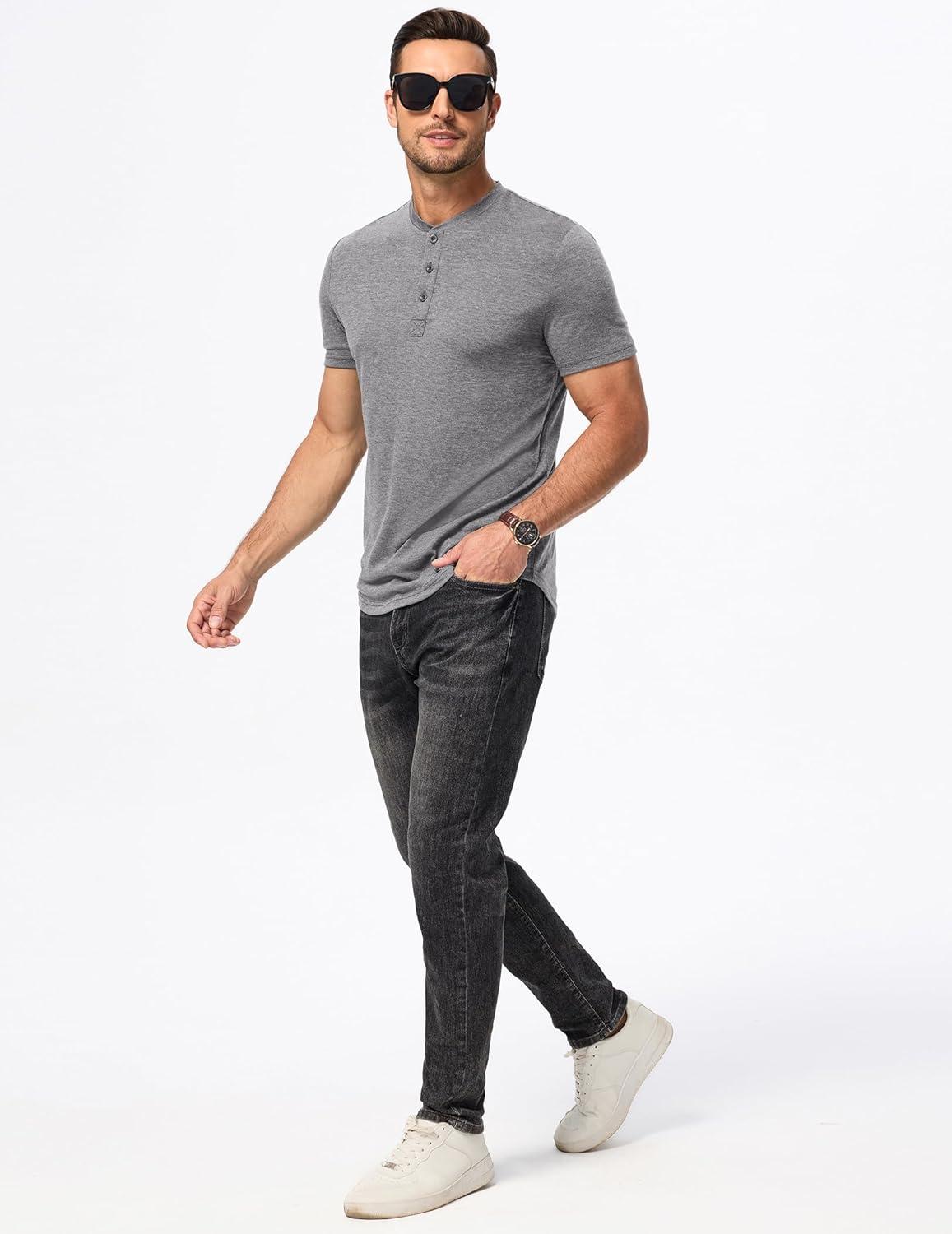 imageJMIERR Mens Casual Henley Shirts Short Sleeve Basic Button Muscle Longline TShirt Gym Workout Athletic TeeGrey