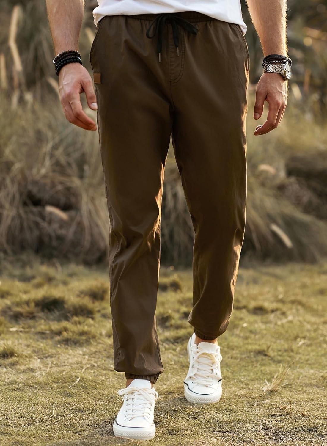 imageJMIERR Mens Casual Joggers Pants Cotton Drawstring Chino Cargo Pants Hiking Outdoor Twill Track Jogging Sweatpants PantsDark Brown