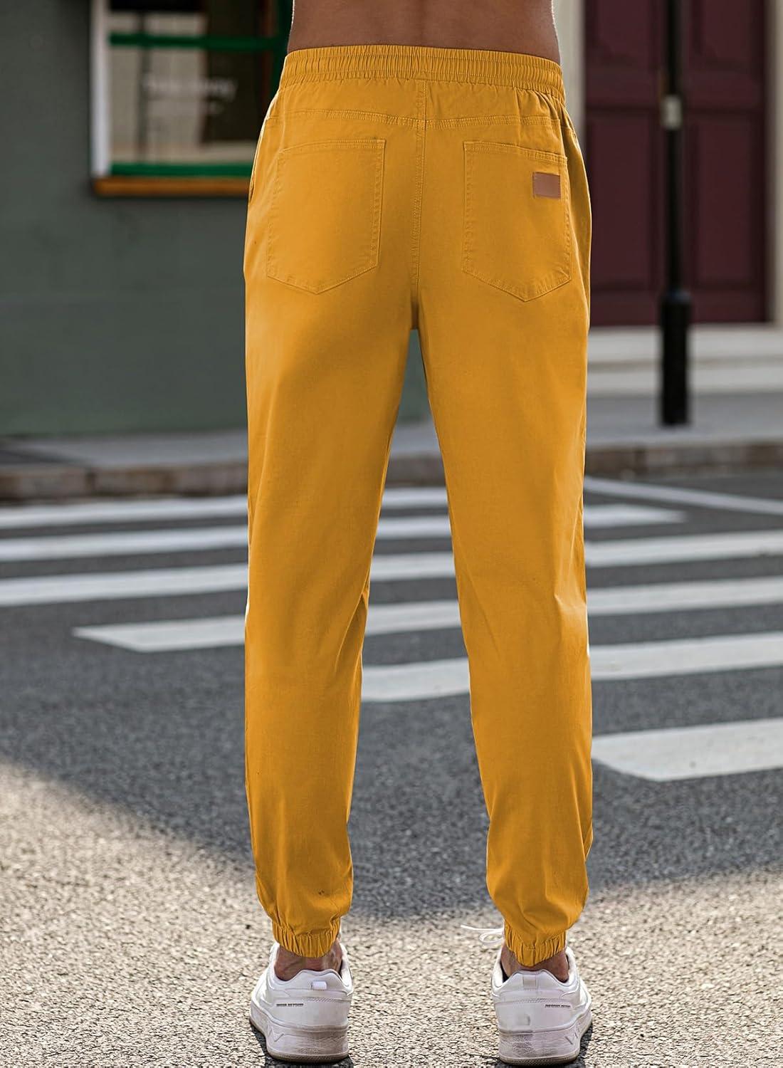 imageJMIERR Mens Casual Joggers Pants Cotton Drawstring Chino Cargo Pants Hiking Outdoor Twill Track Jogging Sweatpants PantsYellow