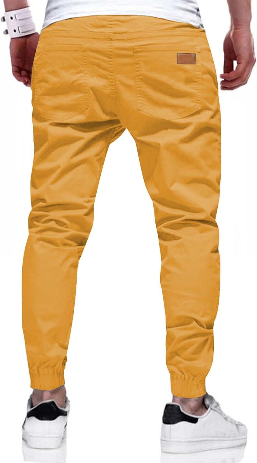 imageJMIERR Mens Casual Joggers Pants Cotton Drawstring Chino Cargo Pants Hiking Outdoor Twill Track Jogging Sweatpants PantsYellow