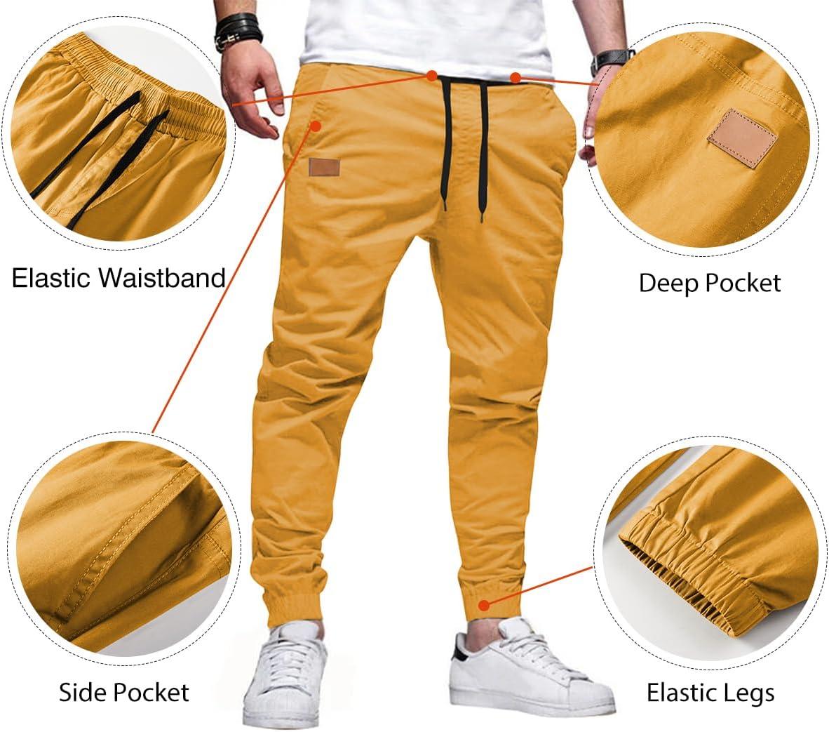 imageJMIERR Mens Casual Joggers Pants Cotton Drawstring Chino Cargo Pants Hiking Outdoor Twill Track Jogging Sweatpants PantsYellow