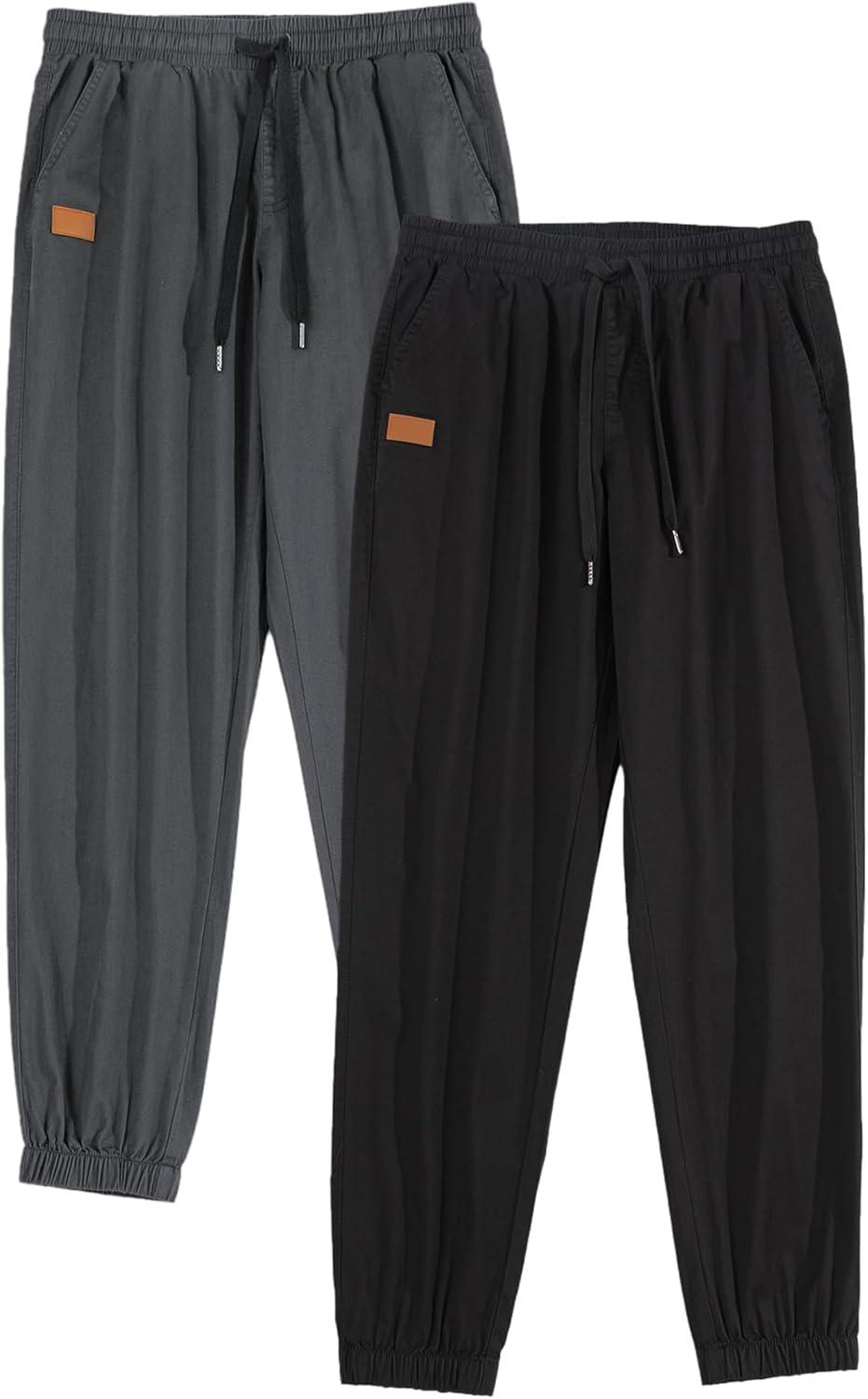 imageJMIERR Mens Casual Joggers Pants Cotton Drawstring Chino Cargo Pants Hiking Outdoor Twill Track Jogging Sweatpants PantsZ 2 Pack Black Dark Grey