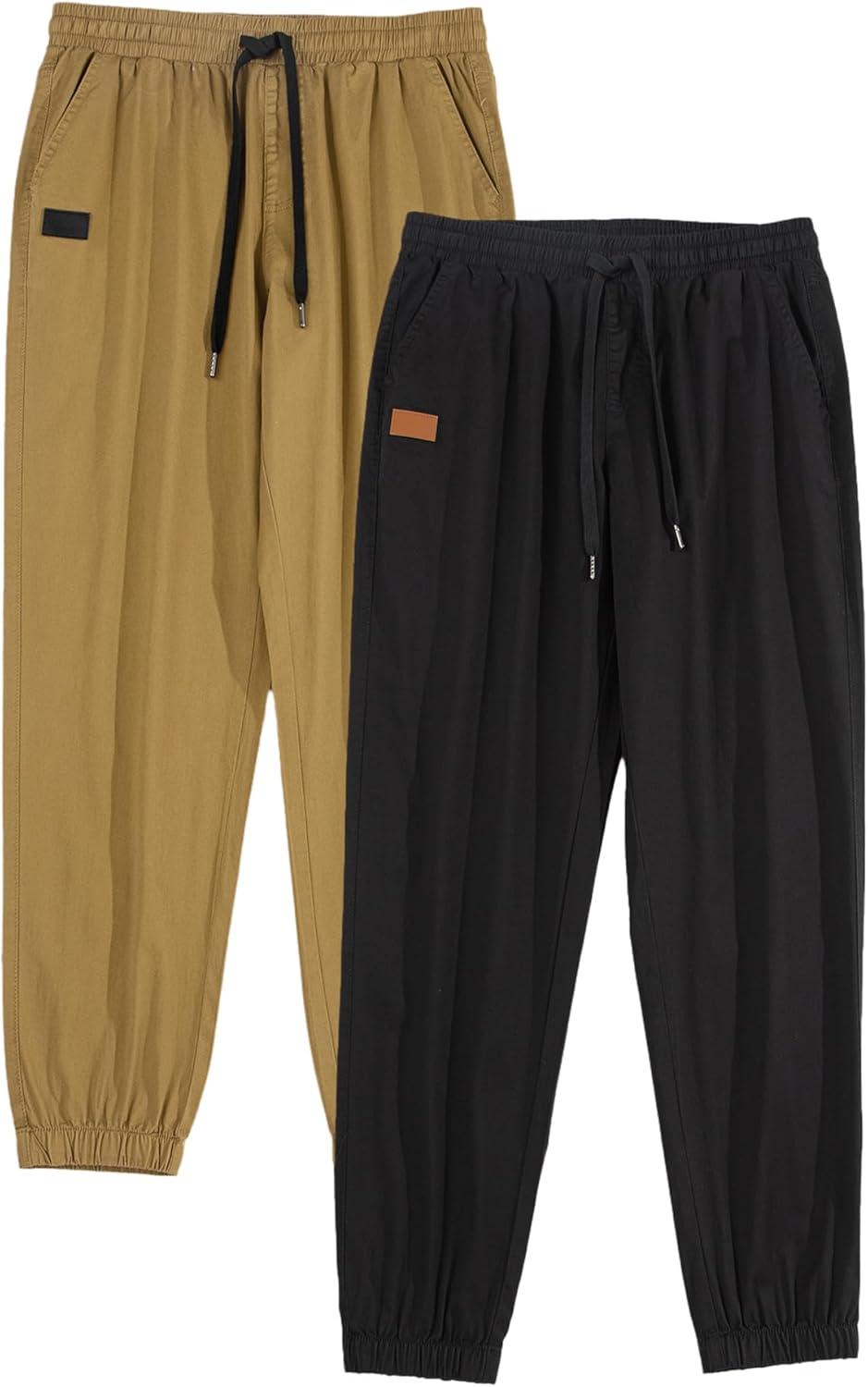 imageJMIERR Mens Casual Joggers Pants Cotton Drawstring Chino Cargo Pants Hiking Outdoor Twill Track Jogging Sweatpants PantsZ 2 Pack Black Dark Khaki