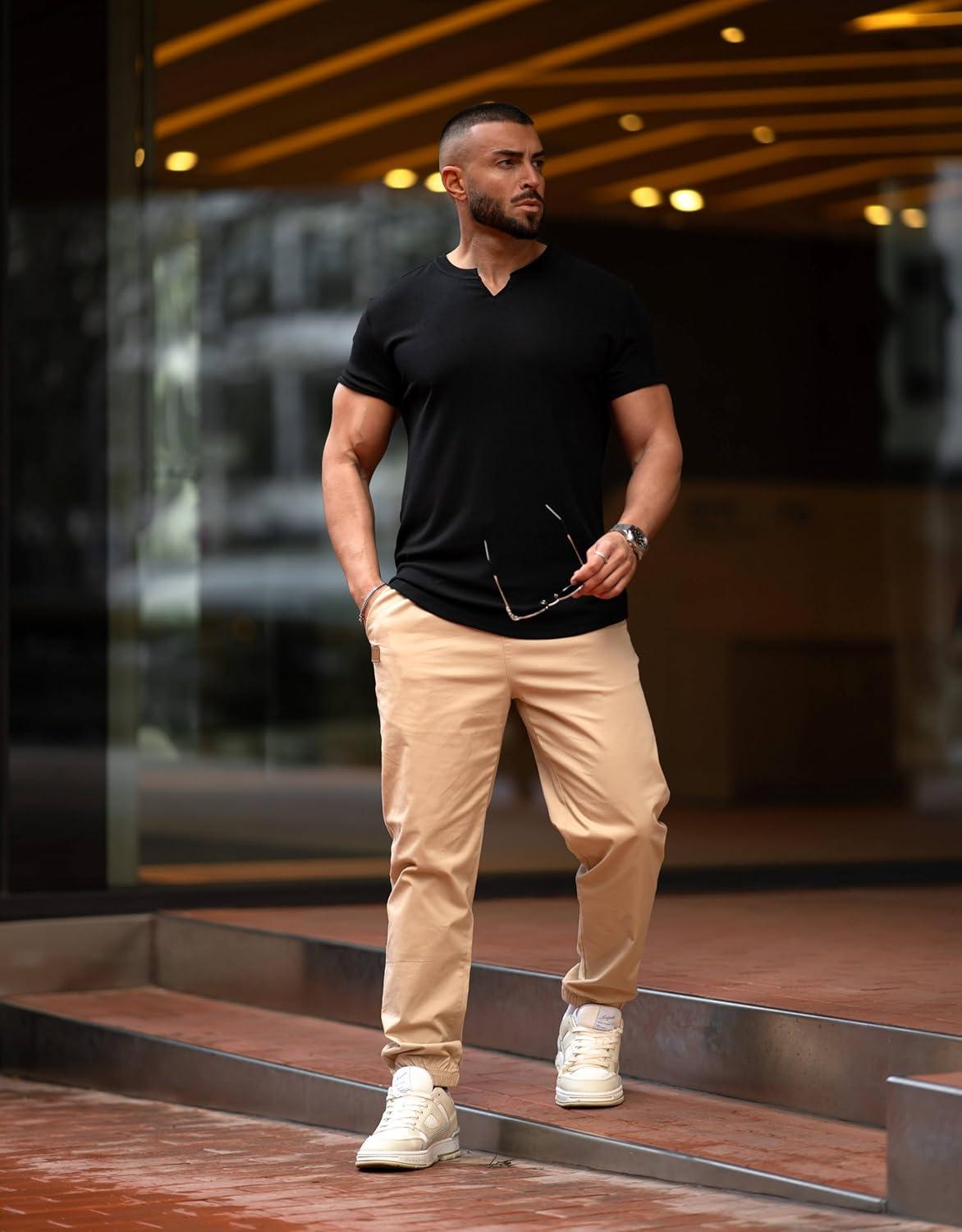 imageJMIERR Mens Casual Joggers Pants Cotton Drawstring Chino Cargo Pants Hiking Outdoor Twill Track Jogging Sweatpants PantsZ 2 Pack Black Dark Khaki