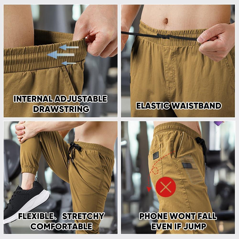 imageJMIERR Mens Casual Joggers Pants Cotton Drawstring Chino Cargo Pants Hiking Outdoor Twill Track Jogging Sweatpants PantsZ 2 Pack Black Dark Khaki