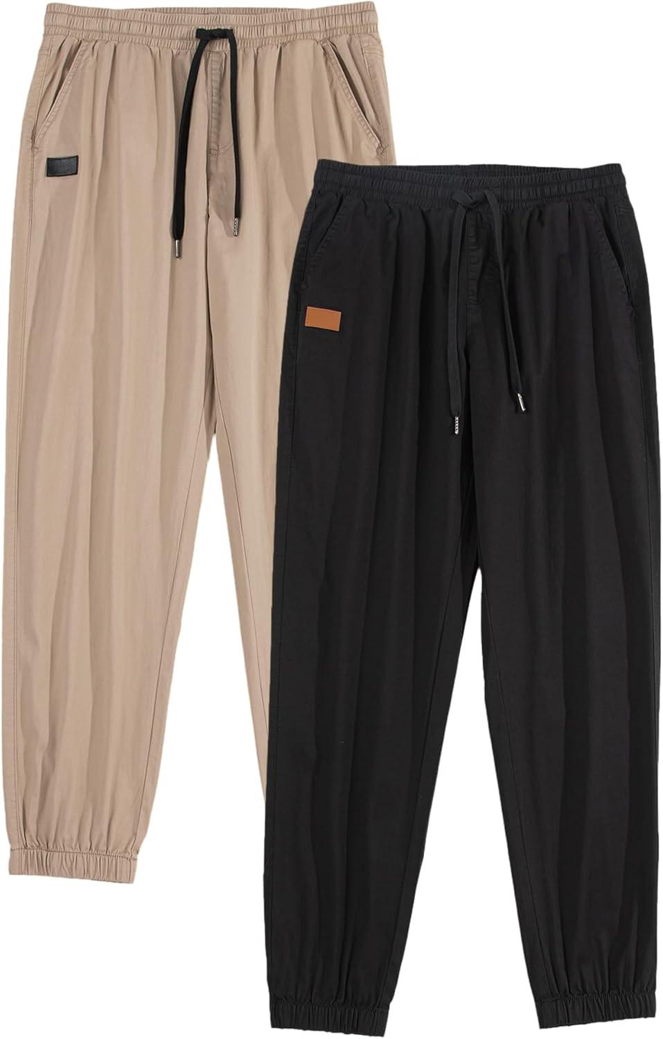 imageJMIERR Mens Casual Joggers Pants Cotton Drawstring Chino Cargo Pants Hiking Outdoor Twill Track Jogging Sweatpants PantsZ 2 Pack Black Khaki