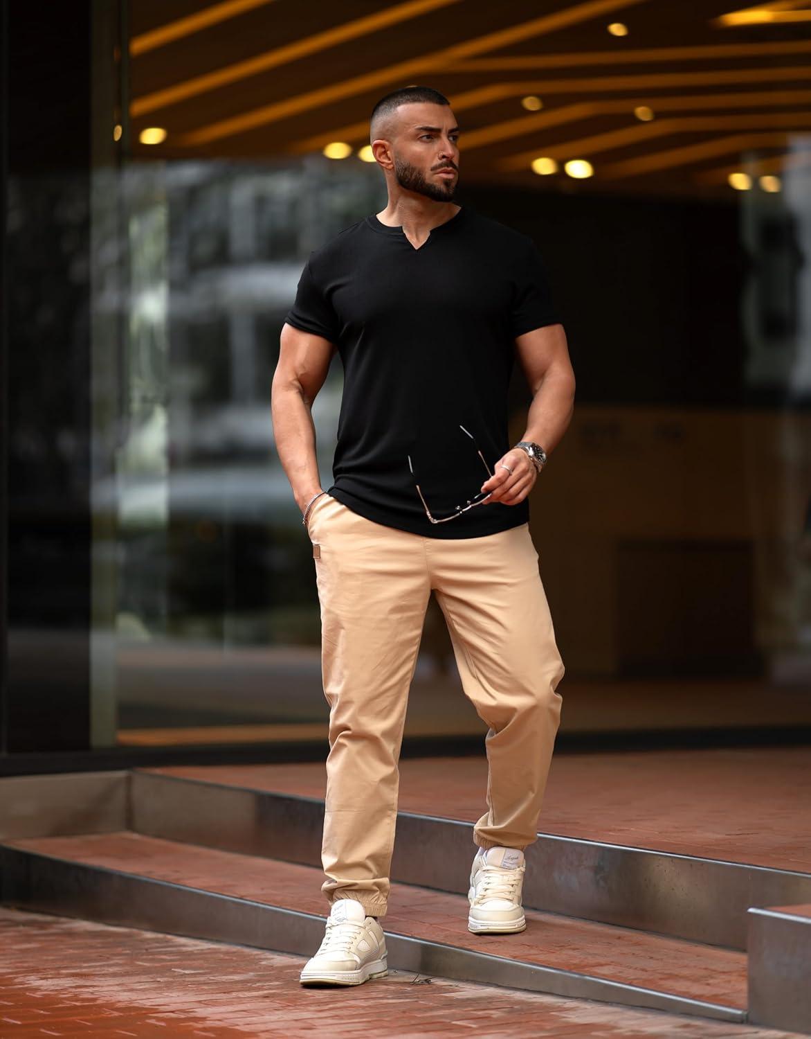 imageJMIERR Mens Casual Joggers Pants Cotton Drawstring Chino Cargo Pants Hiking Outdoor Twill Track Jogging Sweatpants PantsZ 2 Pack Black Khaki