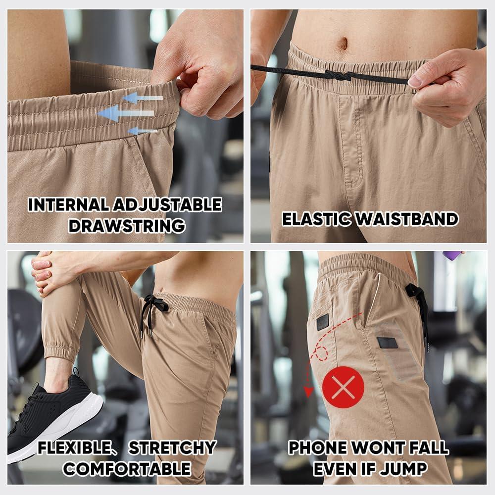 imageJMIERR Mens Casual Joggers Pants Cotton Drawstring Chino Cargo Pants Hiking Outdoor Twill Track Jogging Sweatpants PantsZ 2 Pack Black Khaki