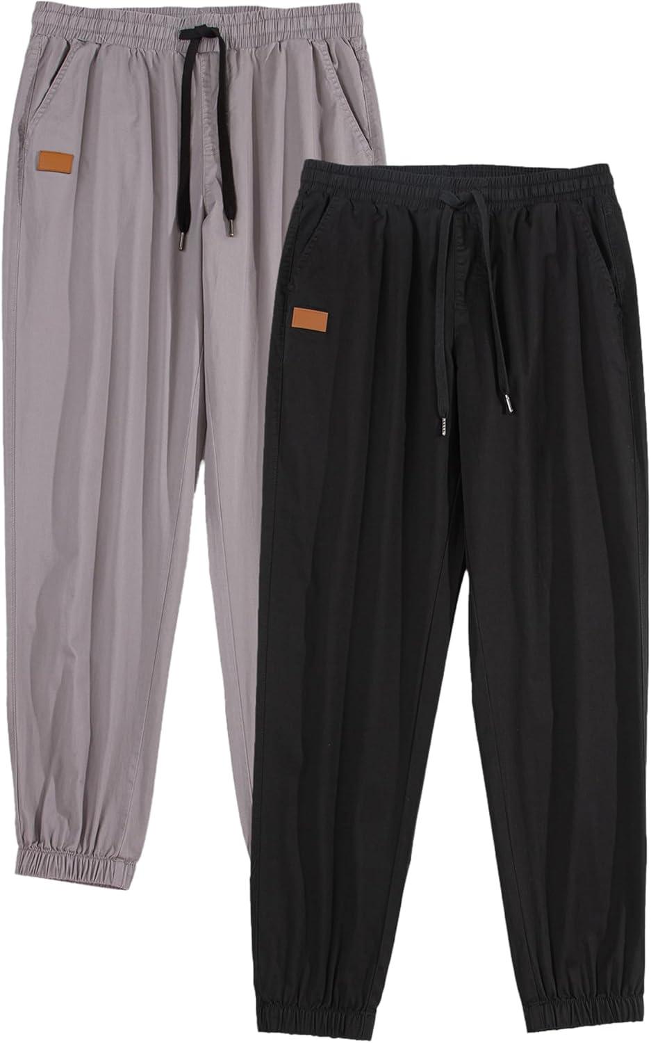 imageJMIERR Mens Casual Joggers Pants Cotton Drawstring Chino Cargo Pants Hiking Outdoor Twill Track Jogging Sweatpants PantsZ 2 Pack Black Light Grey